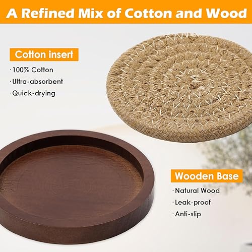 Miniatura 2 de Mckanti Paquete de 6 posavasos de madera para bebidas con inserto de posavasos de algodón, posavasos de madera con soporte para decoración de mesa