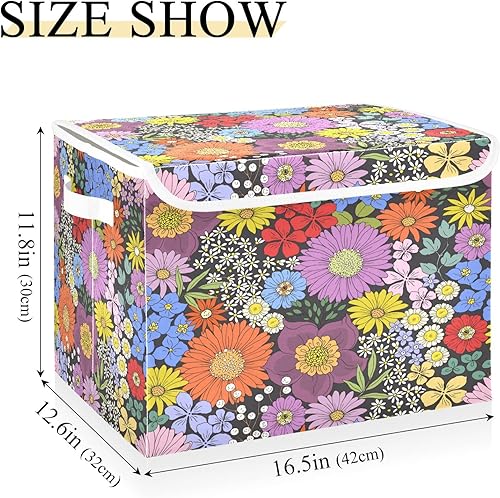 Miniatura 3 de Cesta de almacenamiento de flores coloridas de 16.5 x 12.6 x 11.8 pulgadas, organizador de cubos plegables de tela con tapas y asas para estantes,