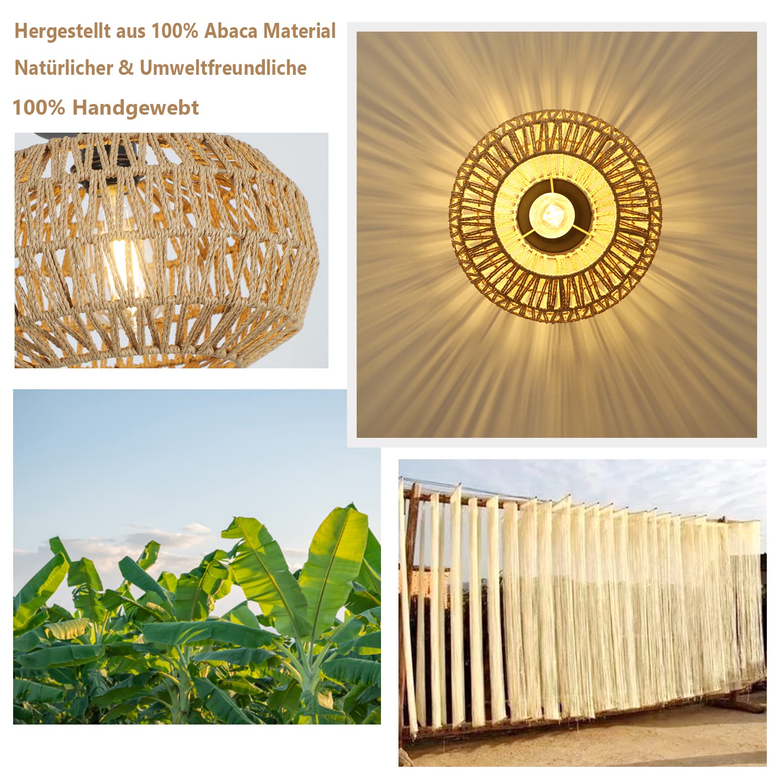 Rayofly Rattan Deckenlampe Boho - Vintage Leuchte Mit Leinen & Bambus Fr  Wohnzimmer & Schlafzimmer E27 Rattan Lampe Schwarz