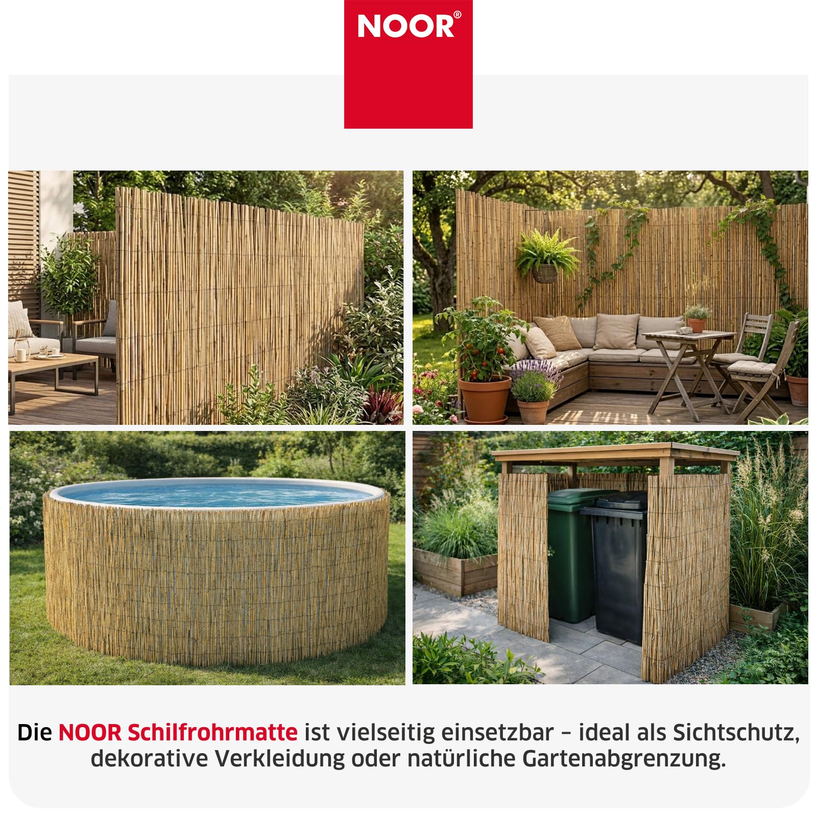 NOOR Schilfrohrmatte NIZZA - Sichtschutzmatte Schilfzaun - Natur 2,0x6,0 m | Natürlicher Sicht- & Windschutz aus Schilfrohr für Garten, Terrasse & Balkon - Zaunblende verwebt mit verzinktem Draht