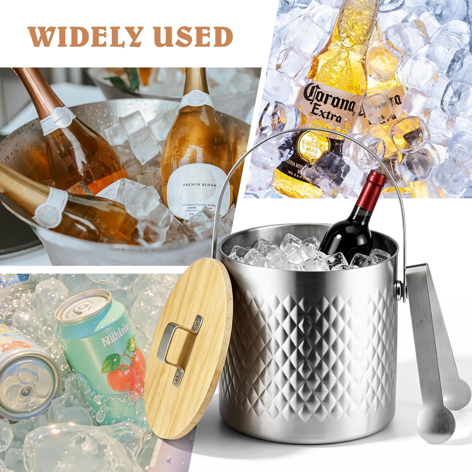 Edelstahl Eiskübel, 3L, 19×19×18cm Doppelwandiger Eiskübel, Eiswürfelbehälter mit Deckel und Zange, Eiskübel mit Zange für Bar, Party und Zuhause, Bier Champagner Wein und Obst, Silber