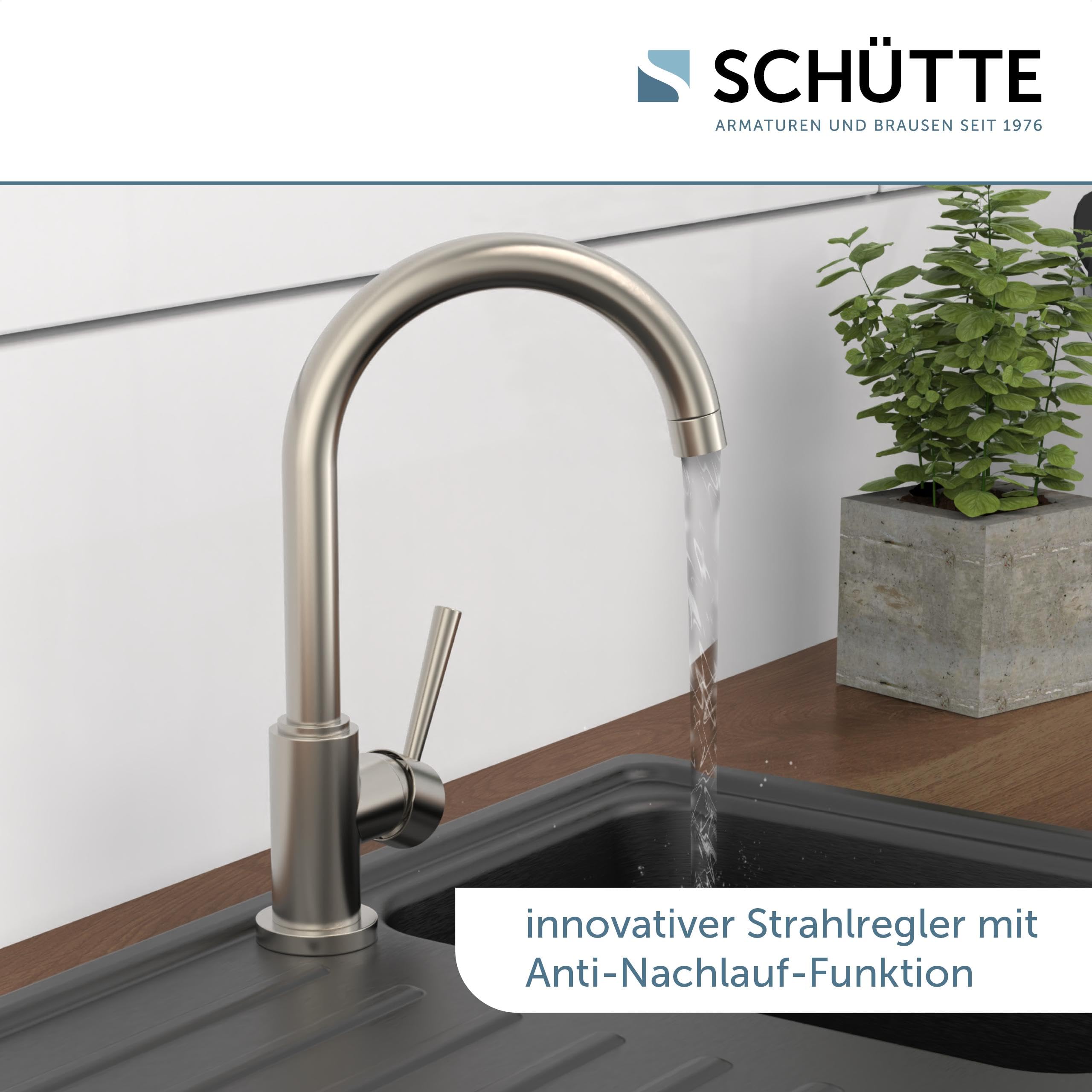 SCHÜTTE 79129 CORNWALL Küchenarmatur Niederdruck, Spültischarmatur mit hohem Auslauf, Einhebelmischer, energiesparend, 360 ° schwenkbar, Wasserhahn Küche, Armatur Spüle, Edelstahl