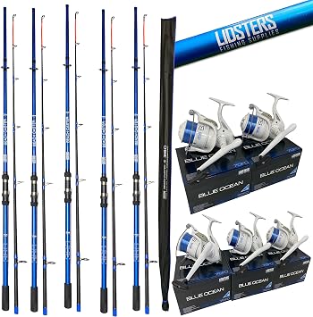 5 x LFS Blue Beachcaster Sea Fishing Rods 12ft 2pc + 5 x Lidsters Blue Ocean 70 Sea Reels with blue line