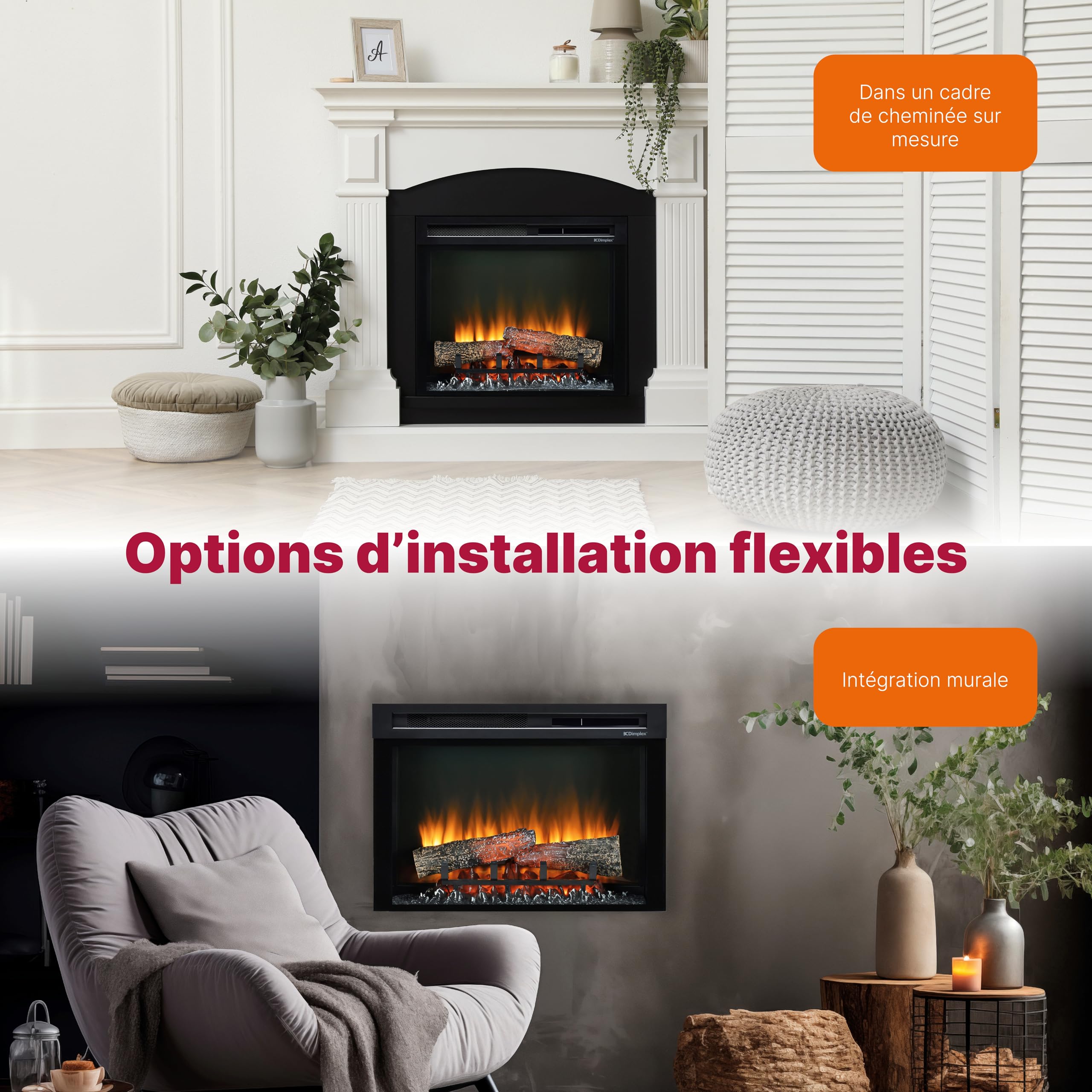 Dimplex Cheminée électrique XHD 23'' / 58 cm – Cheminée Murale avec Chauffage – 1400W – Effet de Flamme LED Optiflame – Chauffage activable – Télécommande Incluse