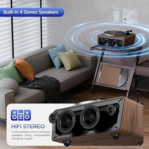 Miniatura 6 de Tocadiscos de vinilo todo en uno, tocadiscos Bluetooth integrado con 4 altavoces estéreo, preamplificador de teléfono, tocadiscos de alta fidelidad