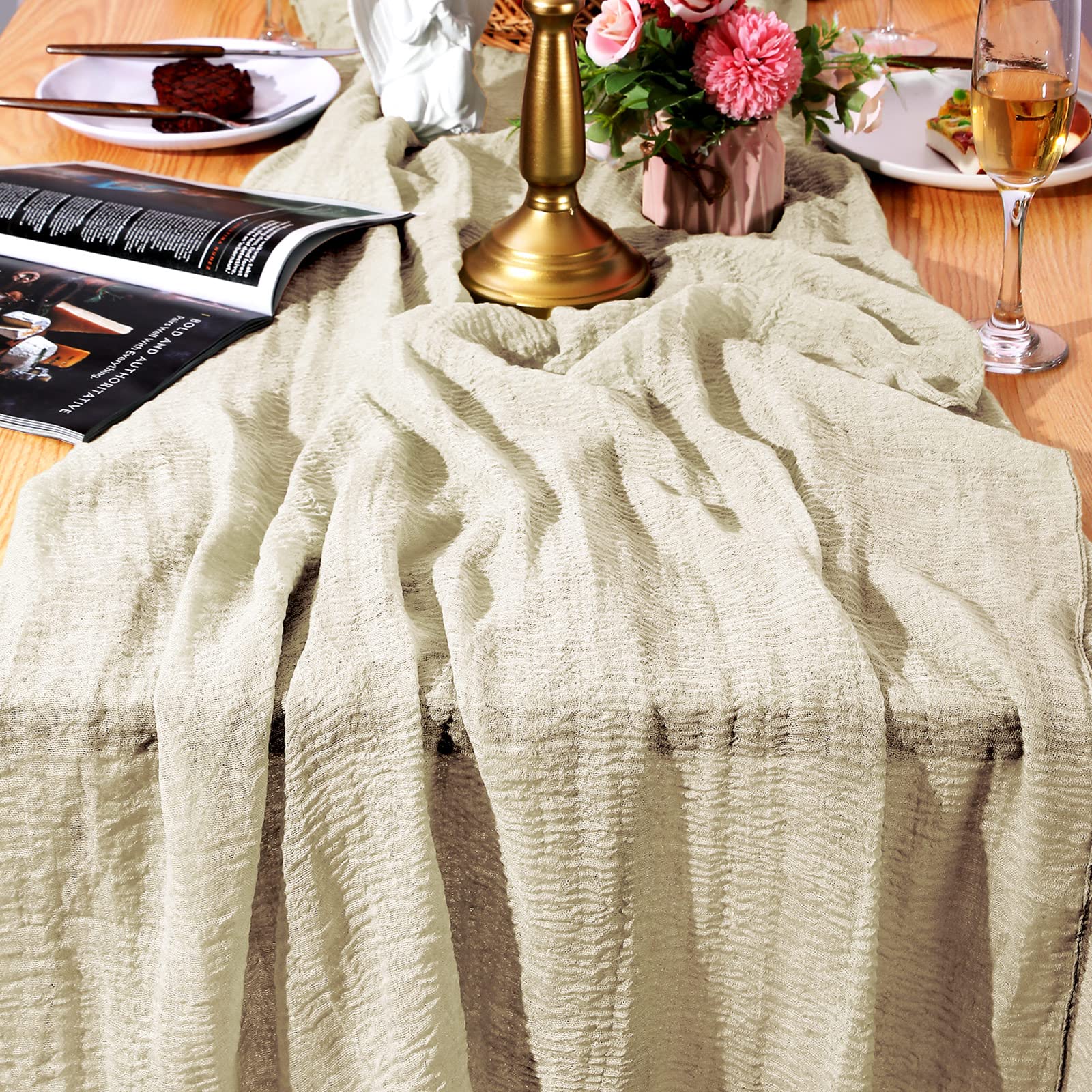 Boho Tischläufer Aus Gaze – 3 M Lang, Dunkelbeige, Für Hochzeit & Feiern