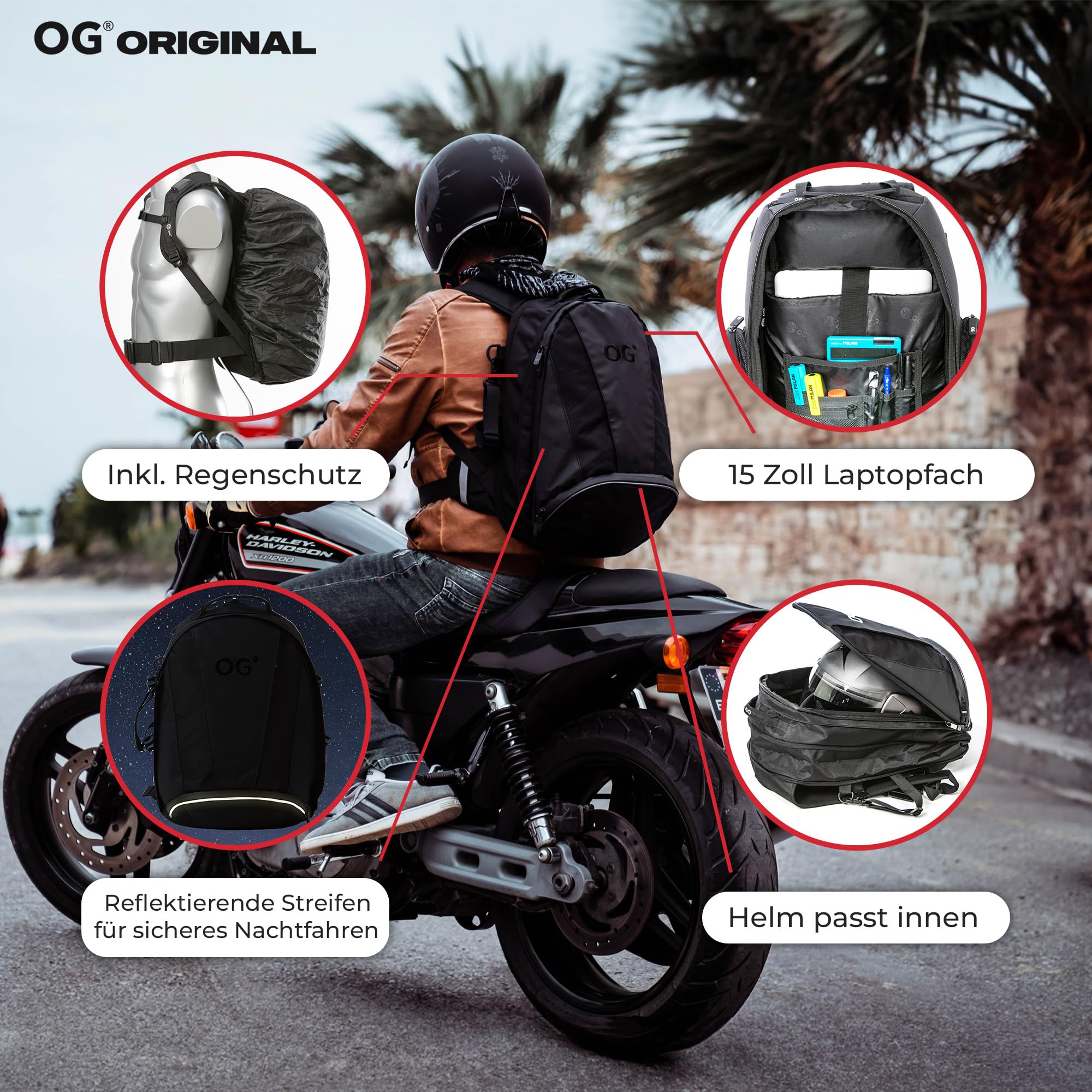 OG Original EZ-RiderPRO Motorrad Rucksack Schwarz Erweiterbar 28-35L, Motorradhelm-Tasche, Helm-Trageriemen, Wasserdicht, Laptop-Fach, Reflektierend, Schwarz Logo