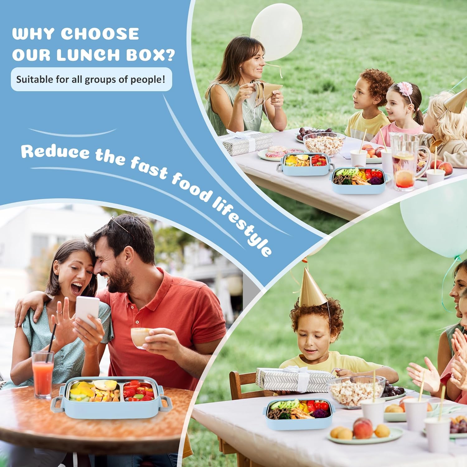 Bento Lunch Box for Kids Women Men, 47oz 2-Compartment Salad Metal Food Prep Pack Container for Lunch, Stainless Steel 3 Layers Stackable Lunch Containers with Lids for Adults and Teens Light Blue