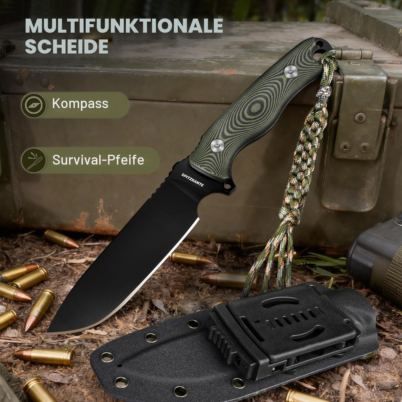 Jagdmesser Feststehende Klinge, Robustes Full Tang Gürtelmesser, 15,1 cm Klinge aus 8Cr14MoV Stahl, Rutschfester G10 Griff mit Scheide, für Camping, Wandern