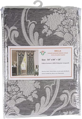 Miniatura 4 de v Bella - Panel de cortina jacquard de lujo con cenefa de cascada adjunta y bufanda de 54 x 84 pulgadas, color gris
