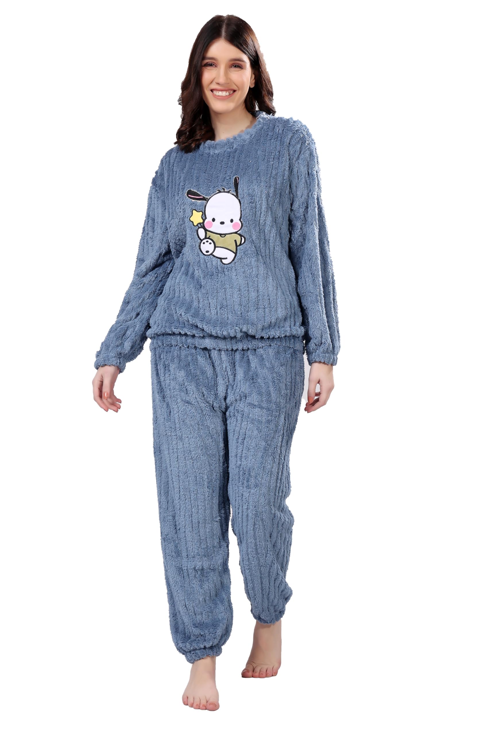 2-Piece Women Fleece Pajamas – Warm Winter Sleepwear Set with Adorable Puppy Patch Design Blue Color-image-38