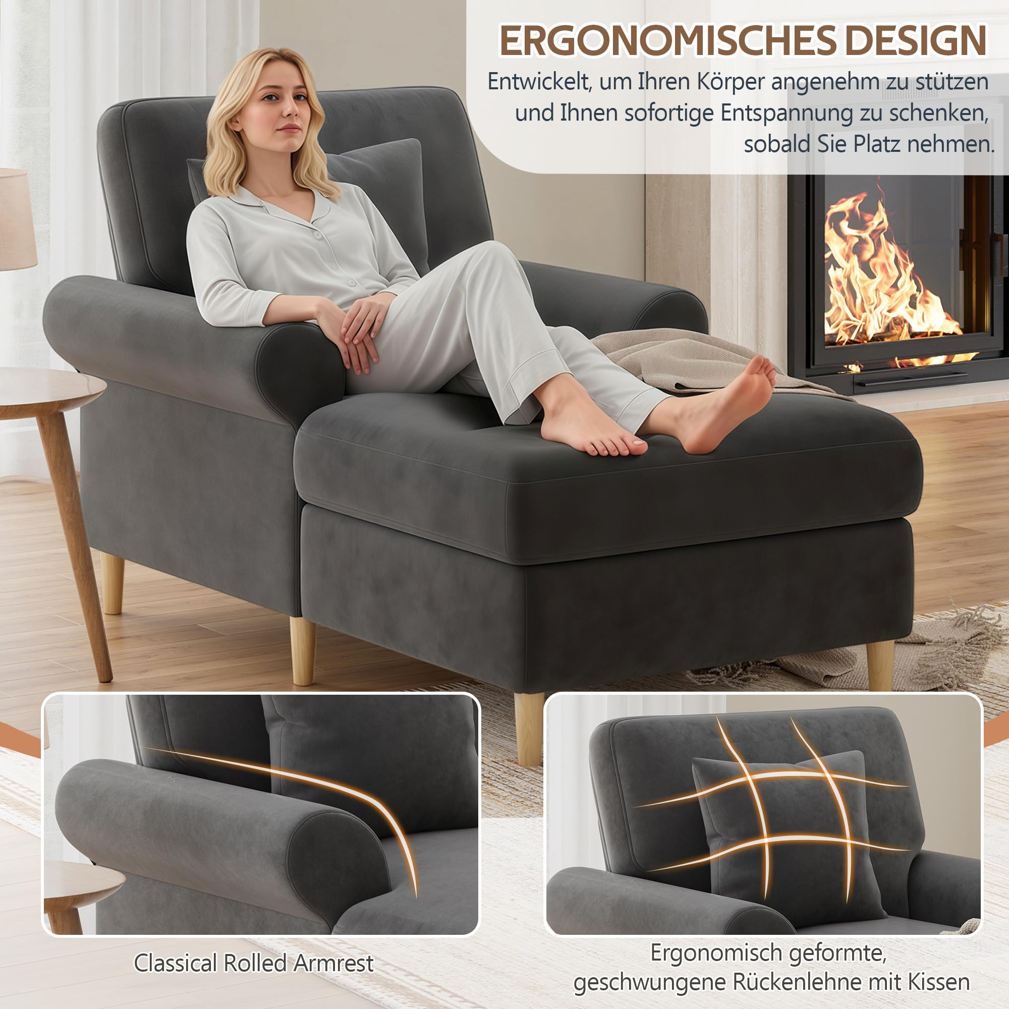 Zepneiy - Sofá de 1 plazas con acolchado y chaise longue plegable cómodo, puf para salón y dormitorio, terciopelo gris