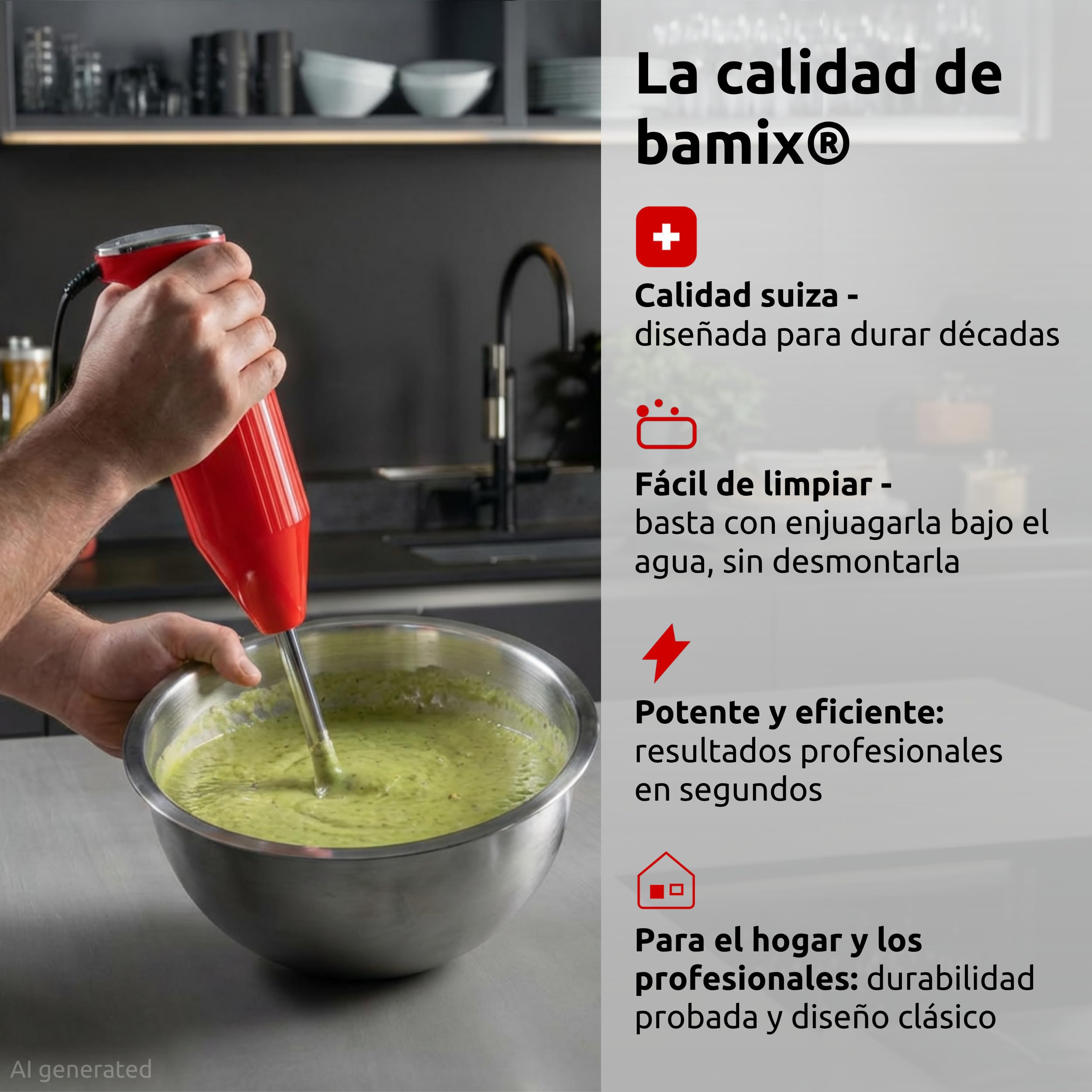 bamix Set de batidora de mano M250 PRIME con multicuchilla, Mezclador, Disco giratorio de acero inoxidable, 250 vatios, 2 velocidades, Made in Switzerland, Rojo/cromado