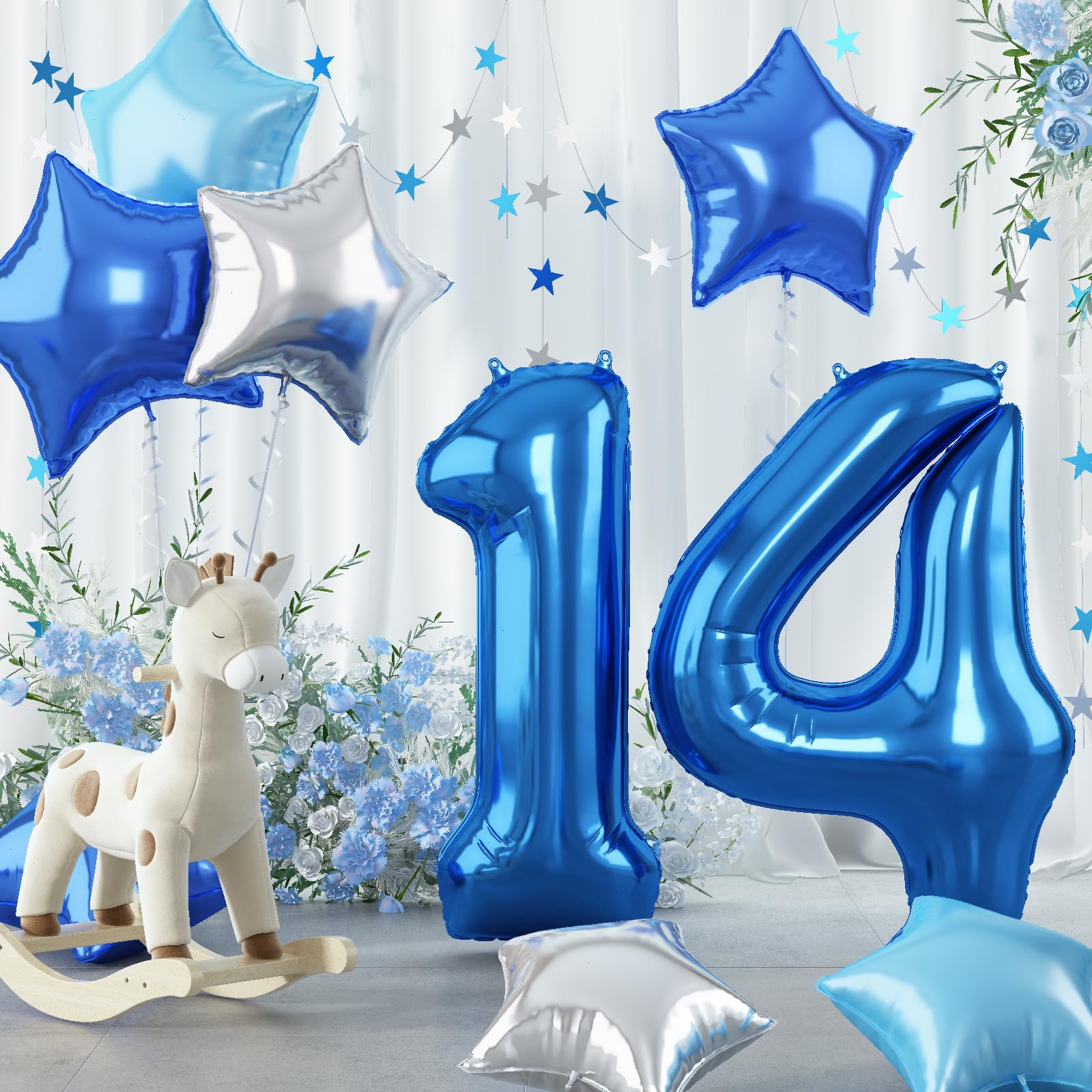 14th Birthday Balloon for Boys, Big Self Inflating Dark Light Blue Silver Star Number 14 Balloons Decor, 40 Inch Royal Pastel Baby Blue 14 Helium Foil