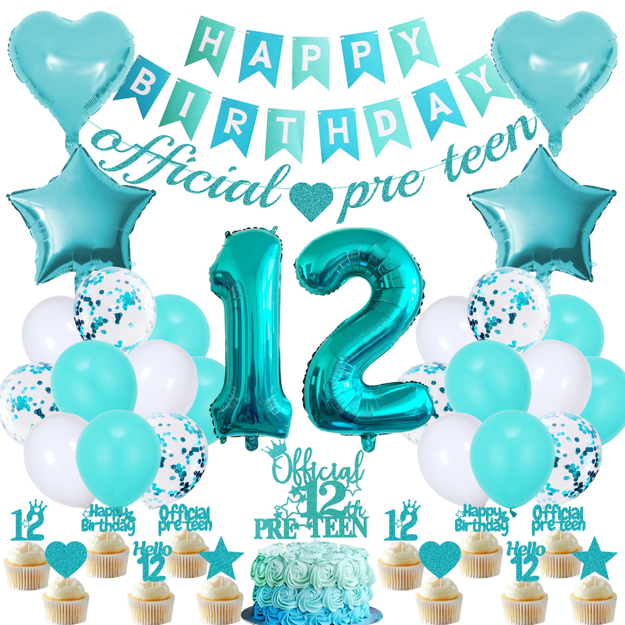 12th Birthday Decorations Balloon Girl - 41 Pcs Teal Blue Pre-Teen Set