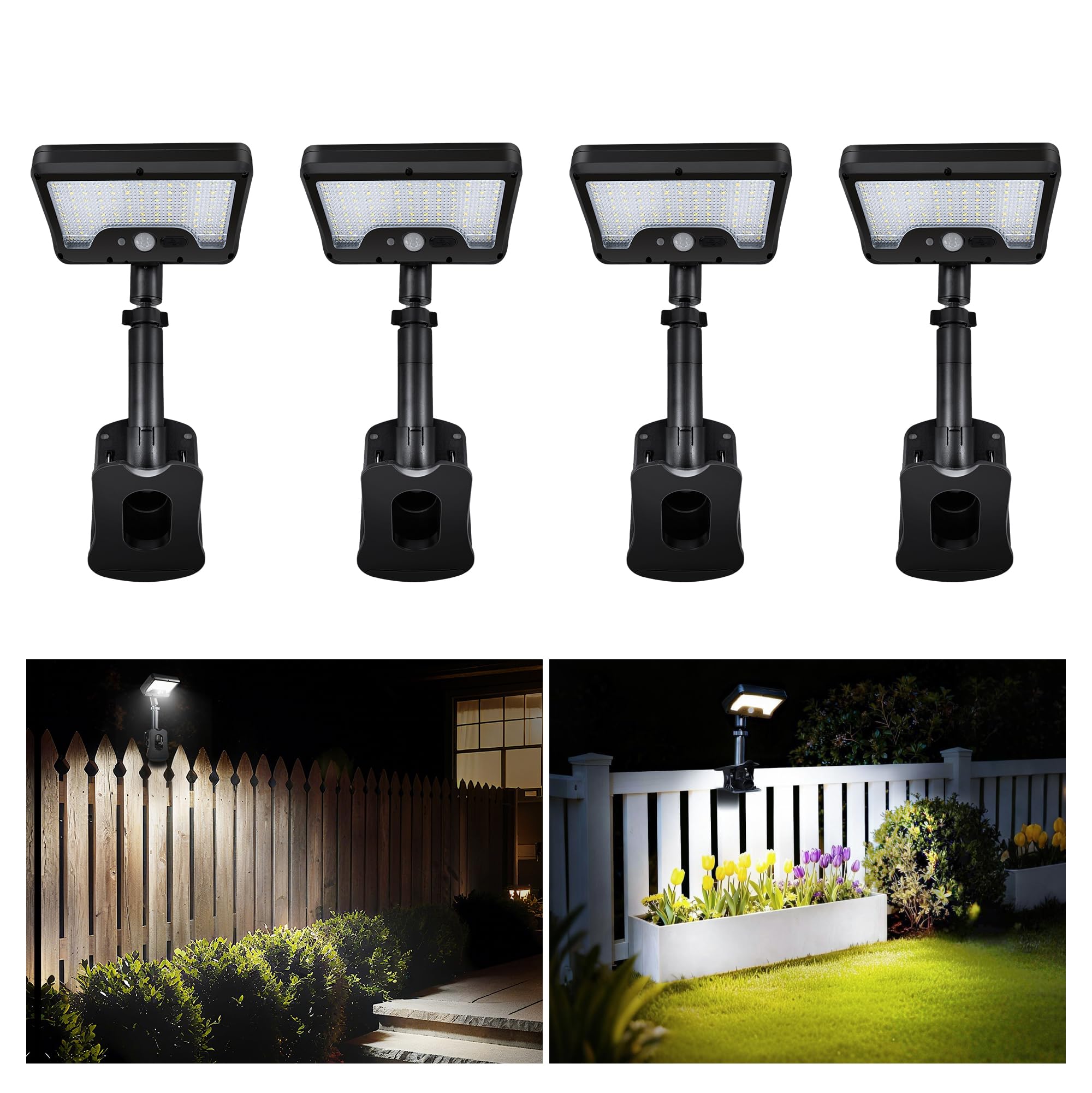 Clip On Solar Motion Lights Outdoor, 600LM, 4 Pack, Black