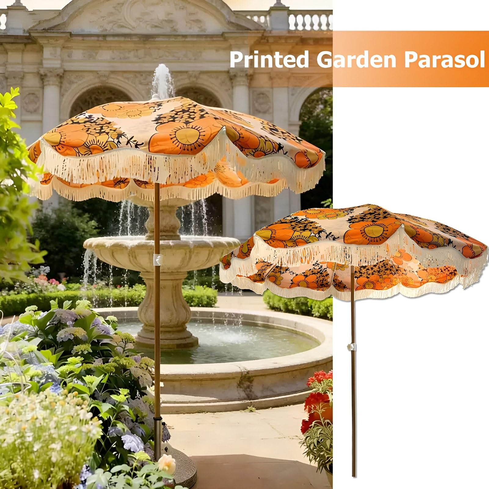 Parasol ogrodowy w stylu boho o średnicy 200 cm z frędzlami, z osłoną o współczynniku UPF 50+ i odpornością na wodę, z nadrukiem
