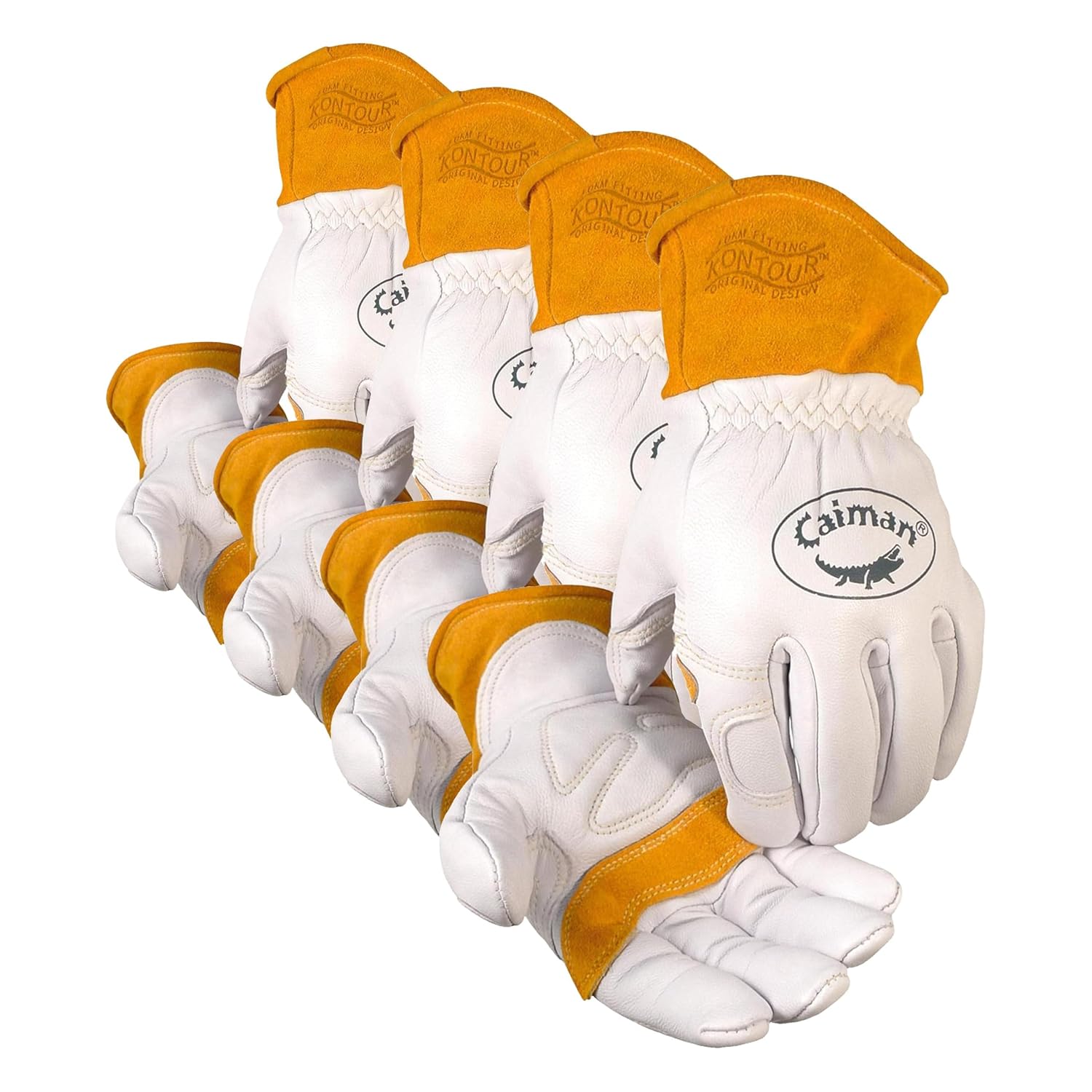 Caiman Premium Goat Grain TIG/MIG Welding Gloves with Wool Insulated Back, Scalloped Cuff, Boarhide Palm, Unlined, Reinforced Thumb, Kevlar, Kontour Design, White/Gold, X-Large (1871-6) (Pack of 4)