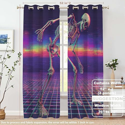 Miniatura 5 de Skeleton Digital Corruption Bedroom Curtains, Neon Cyberpunk Skeleton Scene Blackout Drapes Grommet Insulated Thermal Curtains for Living Room,