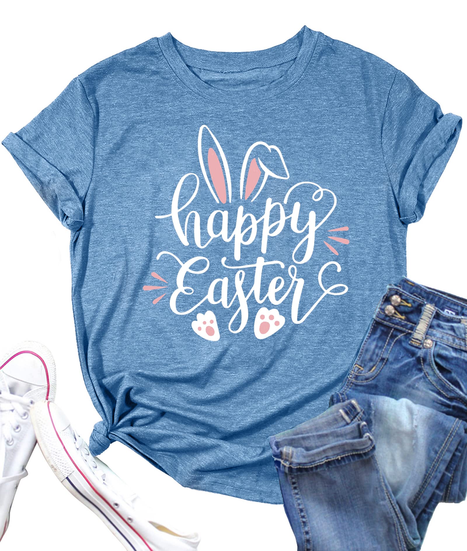 Women Happy Easter T Shirt Bunny Rabbit Graphic T-Shirt Funny Letter Printed Shirts Short Sleeve Tops