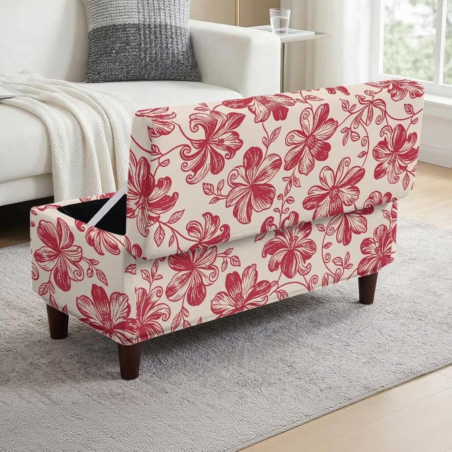Red Flower Print Storage Ottoman Cover, Rectangle Non Slip Ottoman Slipcovers Soft Storage Foot Rest Cover with Elastic Bottom Anti Dust Furniture Protector, M