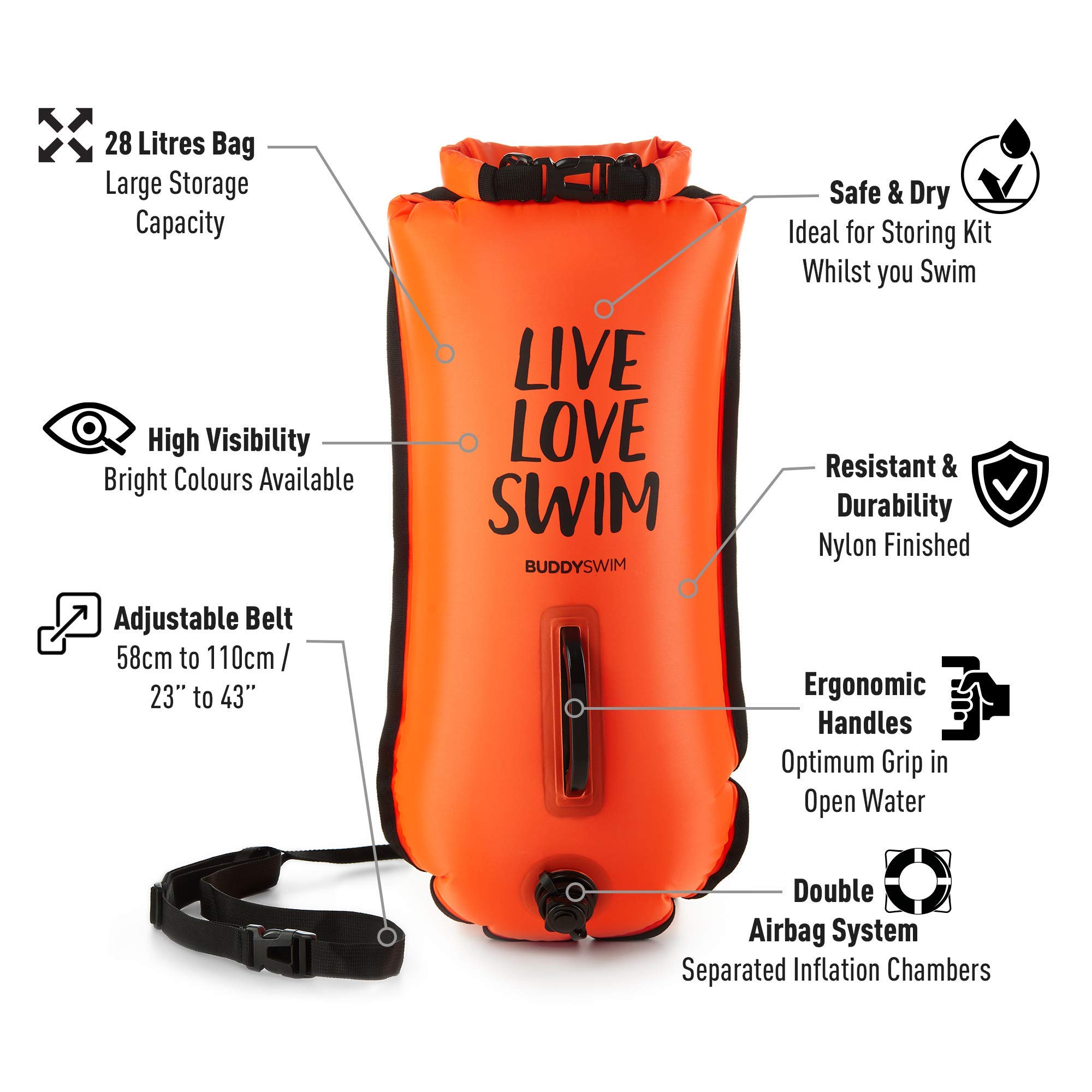Set Boya Natación Aguas Abiertas 28 litros y Gorro de Natación. Boya de Natacion de Seguridad para Nadar en Aguas Abiertas con Bolsa Estanca Impermeable y Gorro de Silicona.