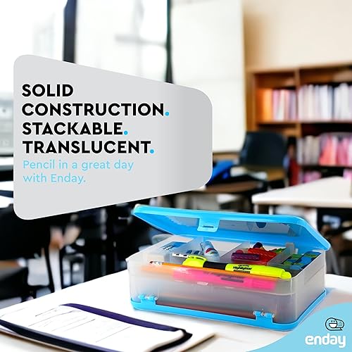 Miniatura 2 de Enday Caja de lápices azul, caja de plástico de gran capacidad con 12 compartimentos, caja de lápices de plástico con tapa hermética, estuche rígido