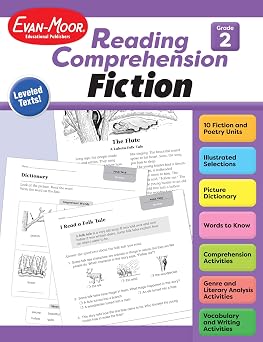 Evan-Moor Reading Comprehension, Fiction Grade 2, Homeschooling and Classroom Resource Workbook, Realistic Fiction, Historical fiction, Poetry, Folk Tales, Fairy tale, Leveled, Aesops Fables