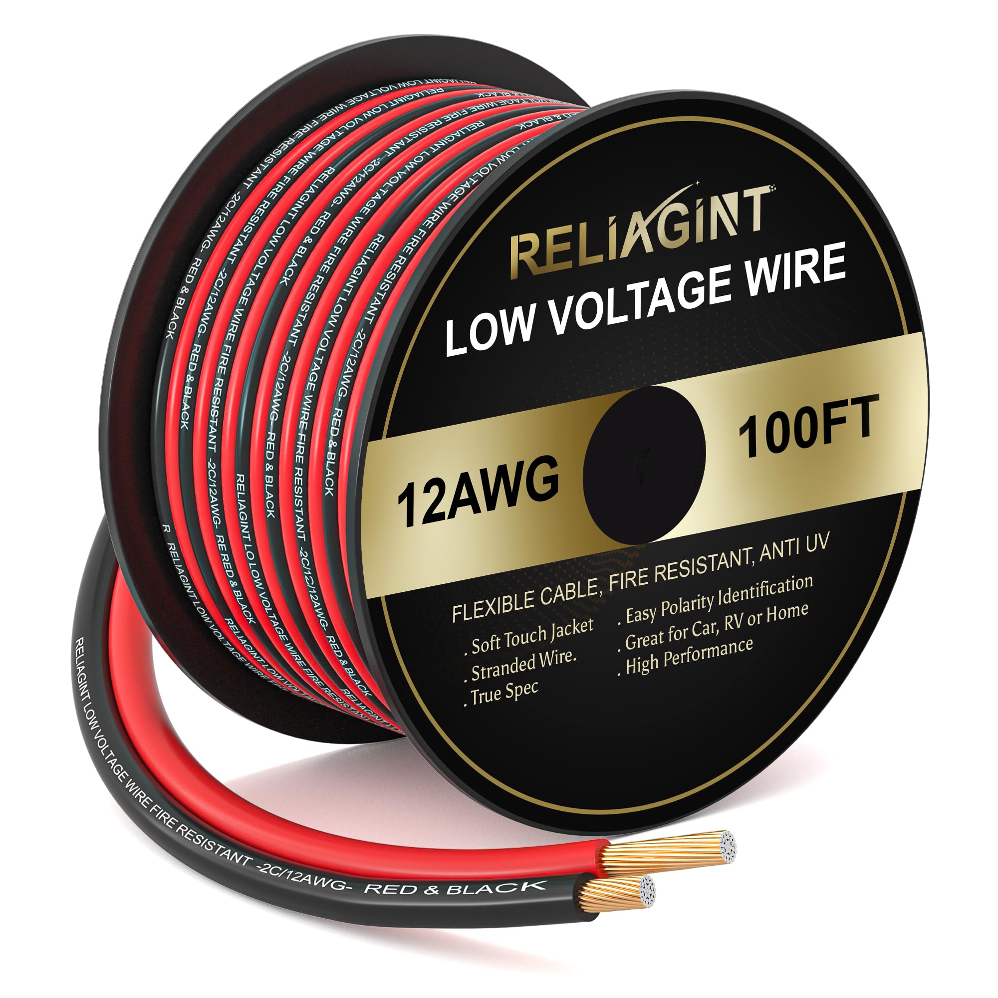 Reliagint 12 Gauge Wire 2 Conductor Electrical Cable, 12 AWG Stranded Red Black PVC Wire, Flexible Low Voltage Cable for Automotive Wiring, Speakers,