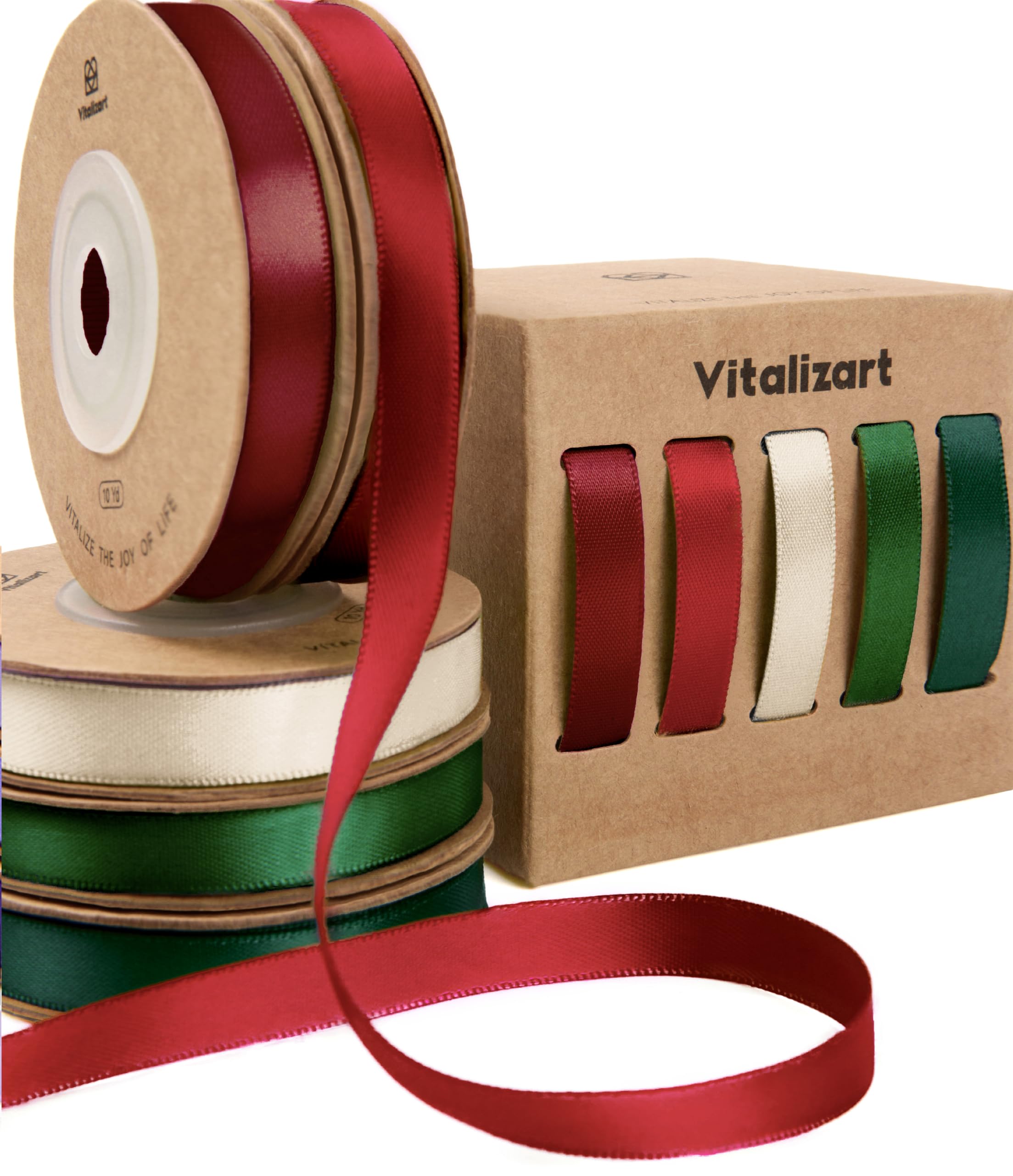 Vitalizart Christmas Series Fabric Satin Ribbons for Crafts 3/8'' x 50Yd