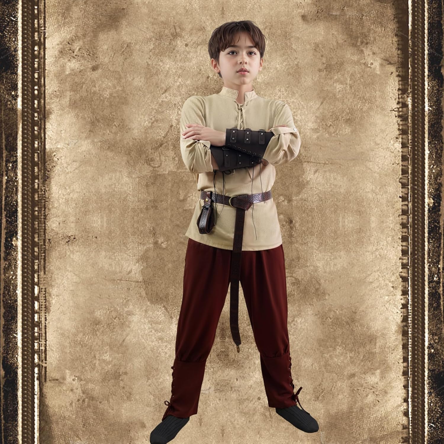 Medieval Viking Costume for Kids Halloween Pirate Outfit Set with Shirt Pants Belt Pouch Wrist Guards - Image 6