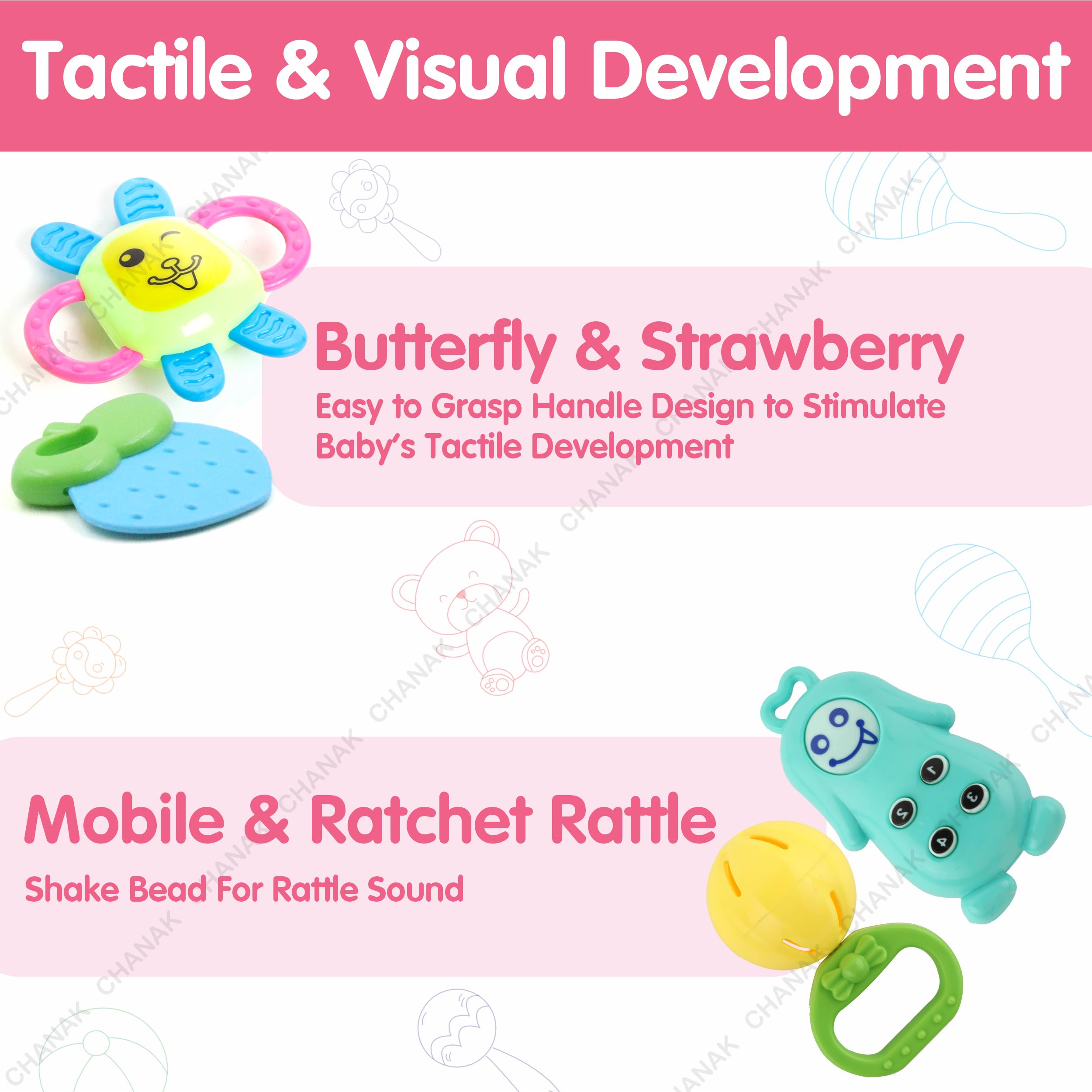 Chanak Silicone;Plastic Baby Kinder Rattle Set for 0-6 Months Old Baby, Non-Toxic, 100% Bpa Free, Infant Grab, Spin & Shake Rattles, Colorful Rattles with 8 Pcs, Bis Approved, Multi,Multicolor - Image 3 thumbnail