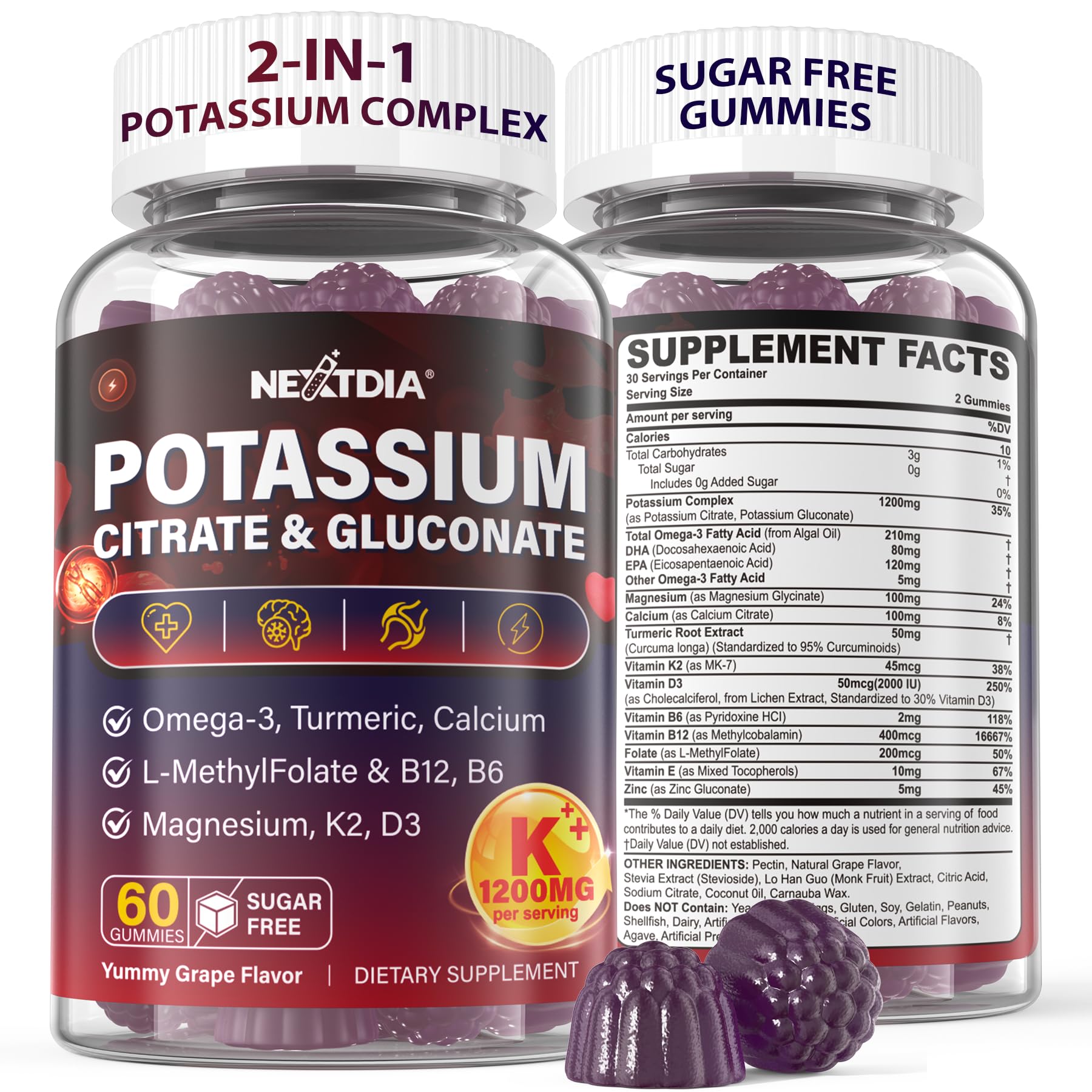 Potassium Citrate & Potassium Gluconate Supplement,1200mg Potassium Gummies 60 Count (Pack of 1)
