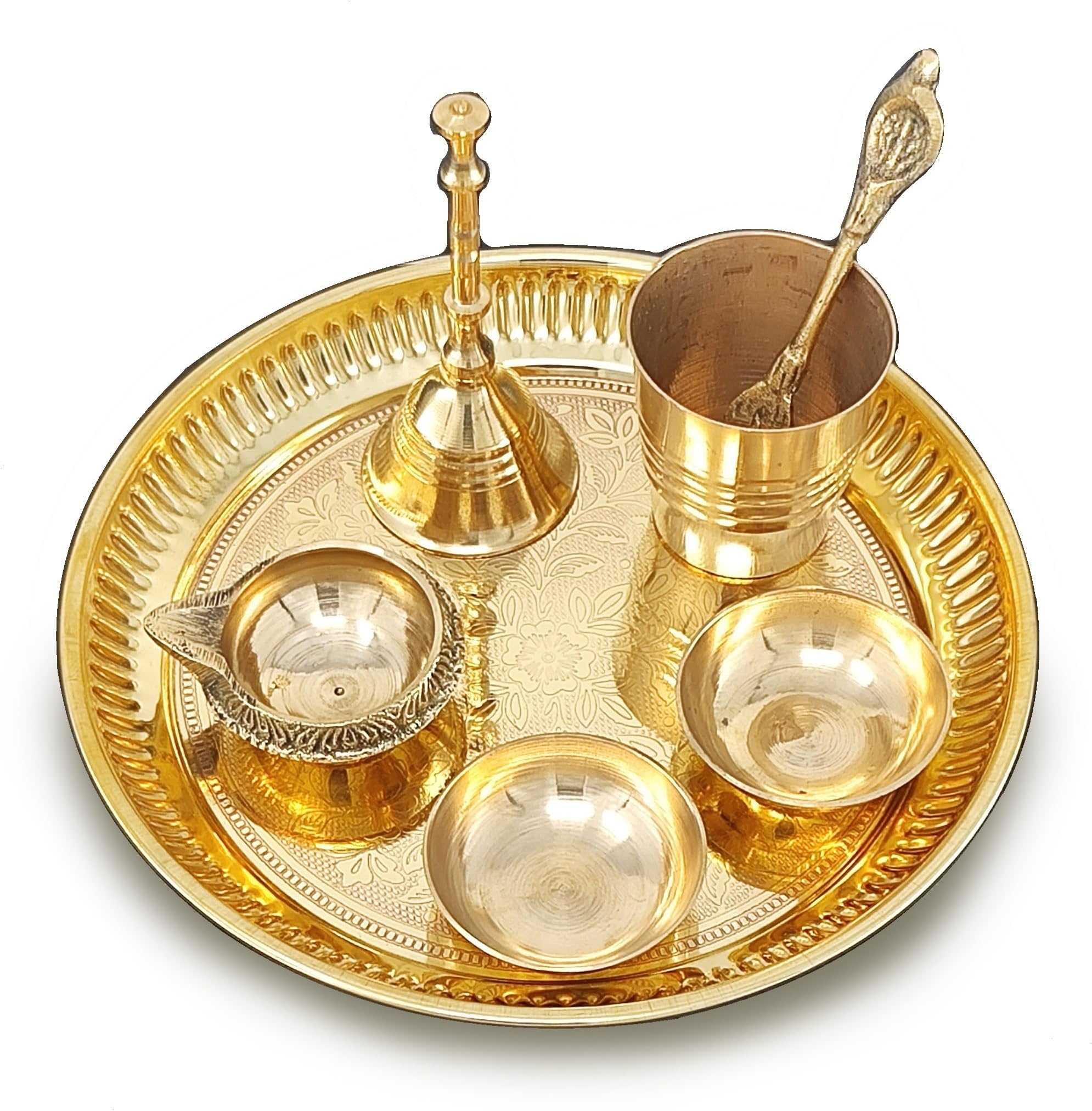 Brass Pooja Thali Set 6 Inch Puja Thali with Pital Plate Glass Pallu Bowl Diya Ghanti Arti Thali for Diwali Home Office Mandir Wedding Return Gift Items