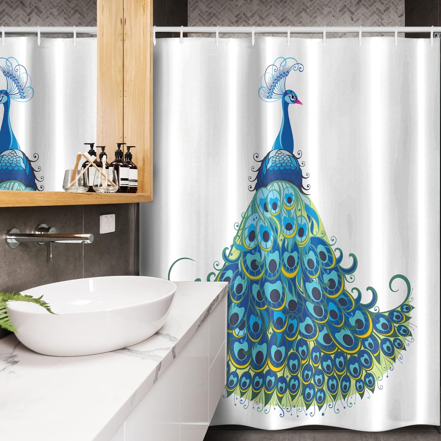 Ambesonne Peacock Stall Shower Curtain, Peacock Illustration Floral Classical Curvy Design Tropics Wildlife Theme, Fabric Bathroom Decor Set with Hooks, 54" W x 78" L, Yellow Blue