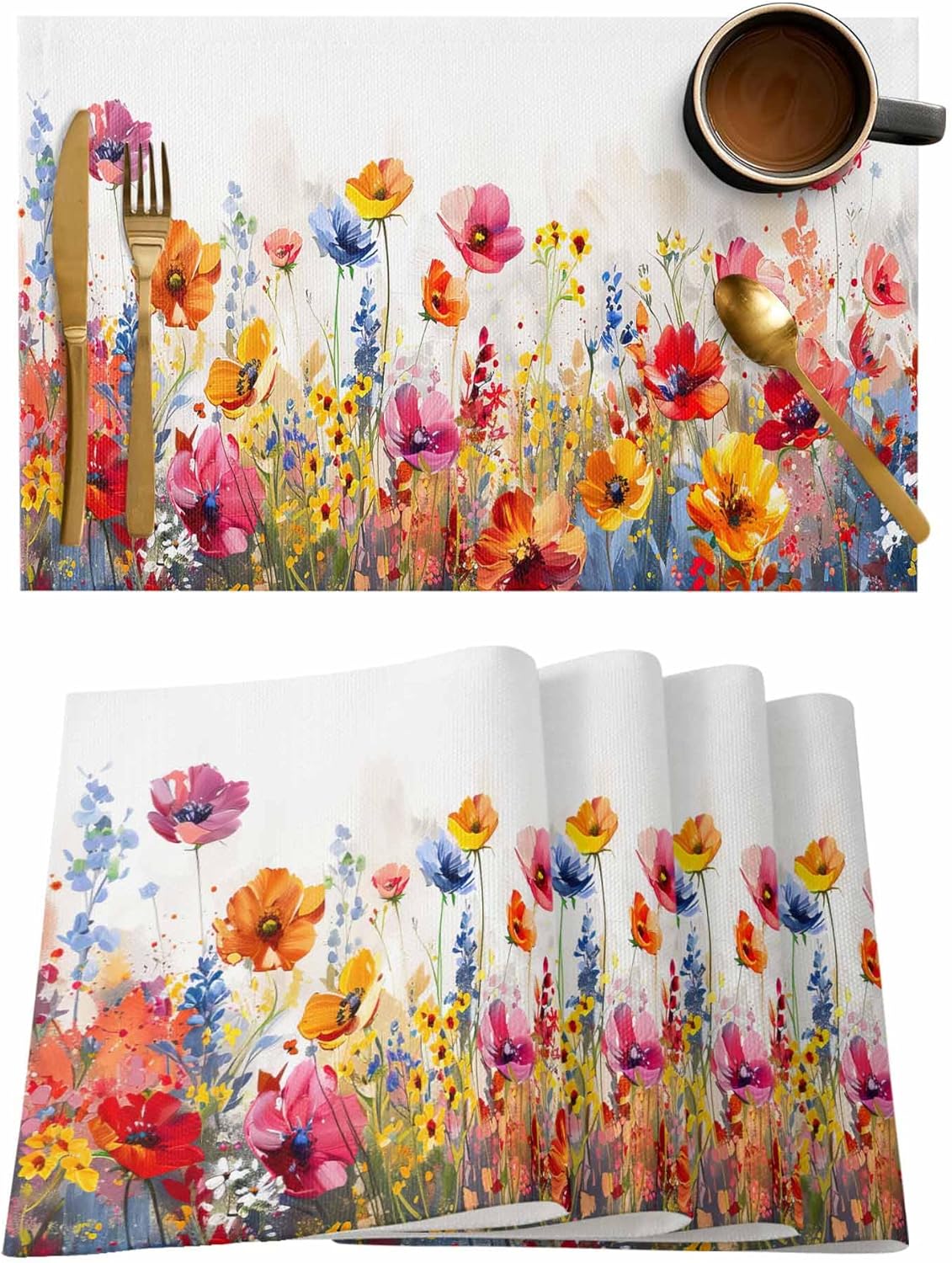 Spring Watercolor Placemats Set of 6, Summer Floral Plant Oil Painting Patterns Linen Table Mats, Indoor Outdoor Kitchen Dining Placemats for Gift Holiday Party Decor(13"x19")