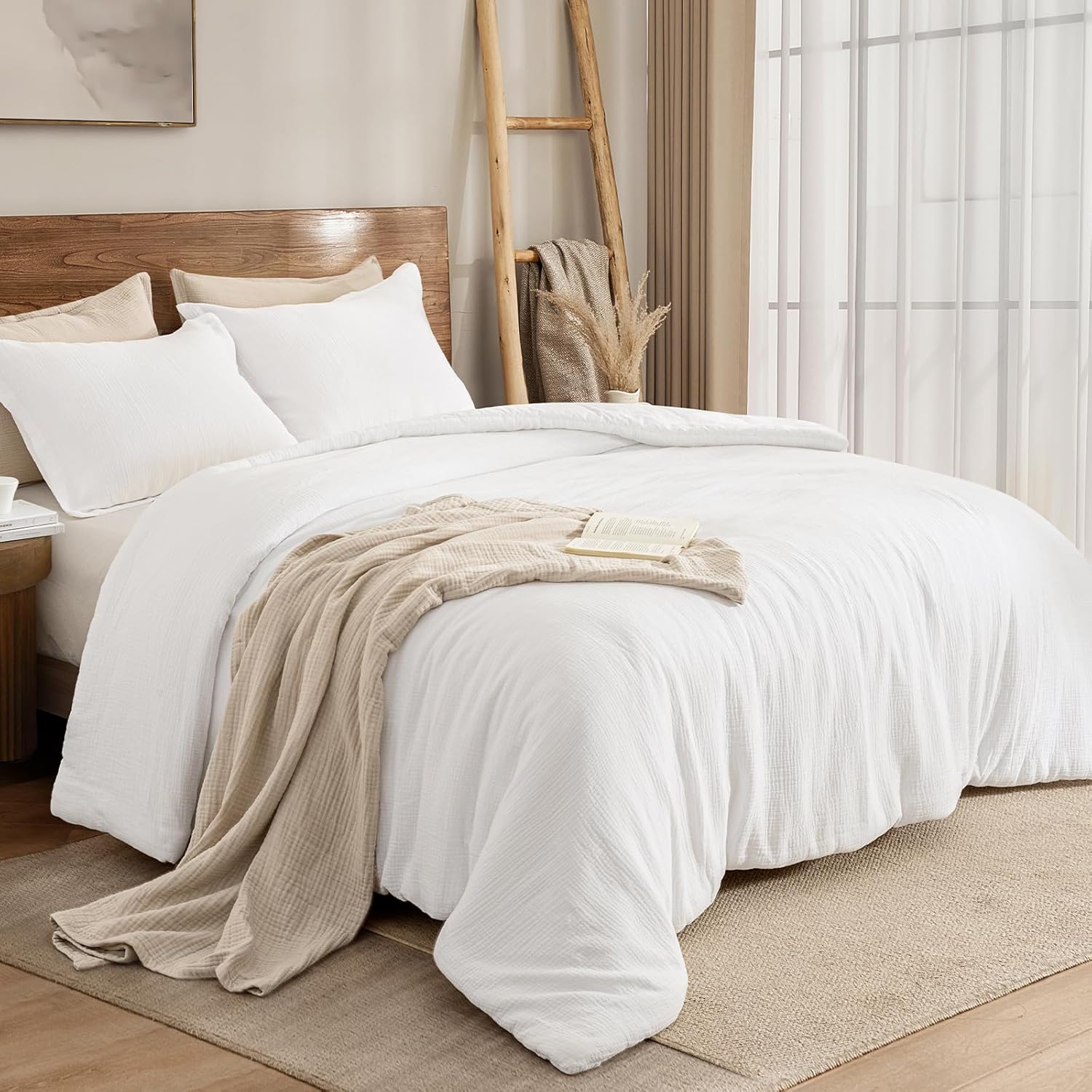 PHF Cotton Muslin Comforter Set King Size, Ultra Soft, Breathable & Lightweight All-Season Bedding, Filling: 100% Polyester, 3 Pieces with 1 Comforter 104"x90" and 2 Pillow Shams 20"x36", White