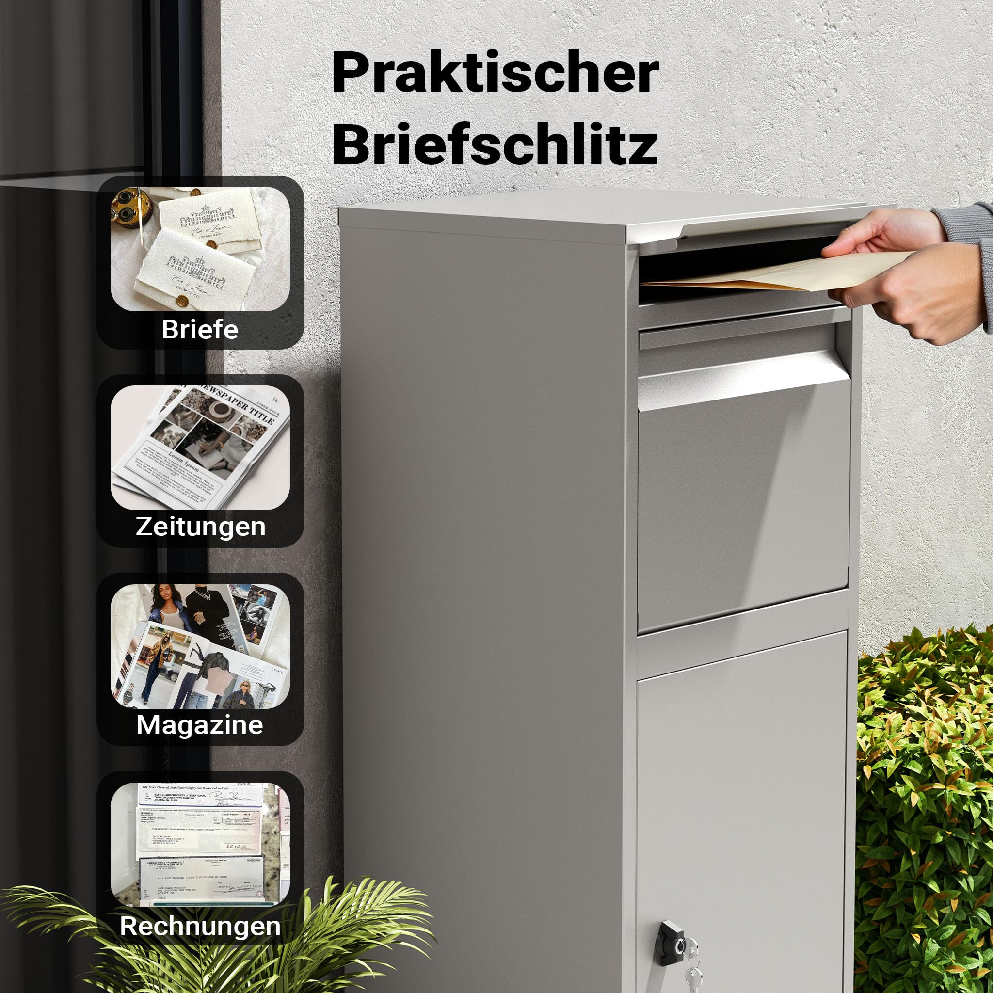Wiltec Paketkasten grau 410 x 380 x 1020 mm Paketbox aus Stahl mit Pulverbeschichtung abschließbarer Standbriefkasten für Paketannahme zu Hause Zustellung von Paket, Post, Brief