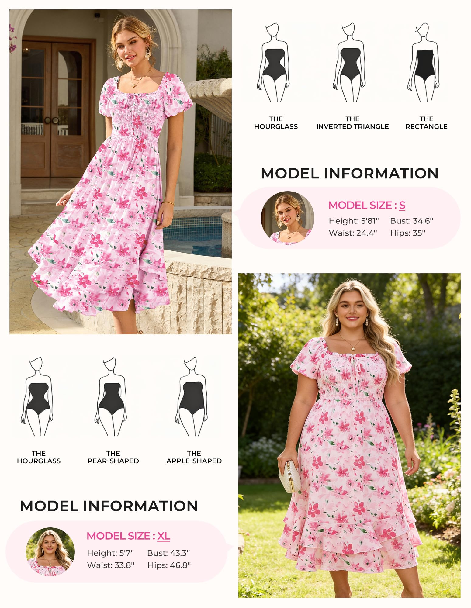 GRACE KARIN Abito estivo da donna con scollo quadrato e punto smock abiti floreali a trapezio | Abito estivo da sposa da donna, casual, elegante, con maniche a sbuffo, maxi abito con tasche