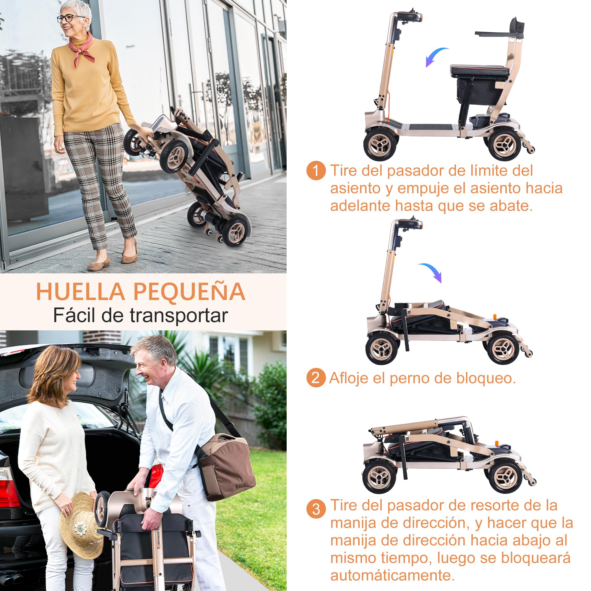 TopMate ES40 Patinete de Movilidad para Adultos, Ligero Plegable, Patinete de Movilidad Plegable para Personas Mayores con Batería Extraíble, Luces LED y Bolsa de Almacenamiento - Oro Rosa Negro