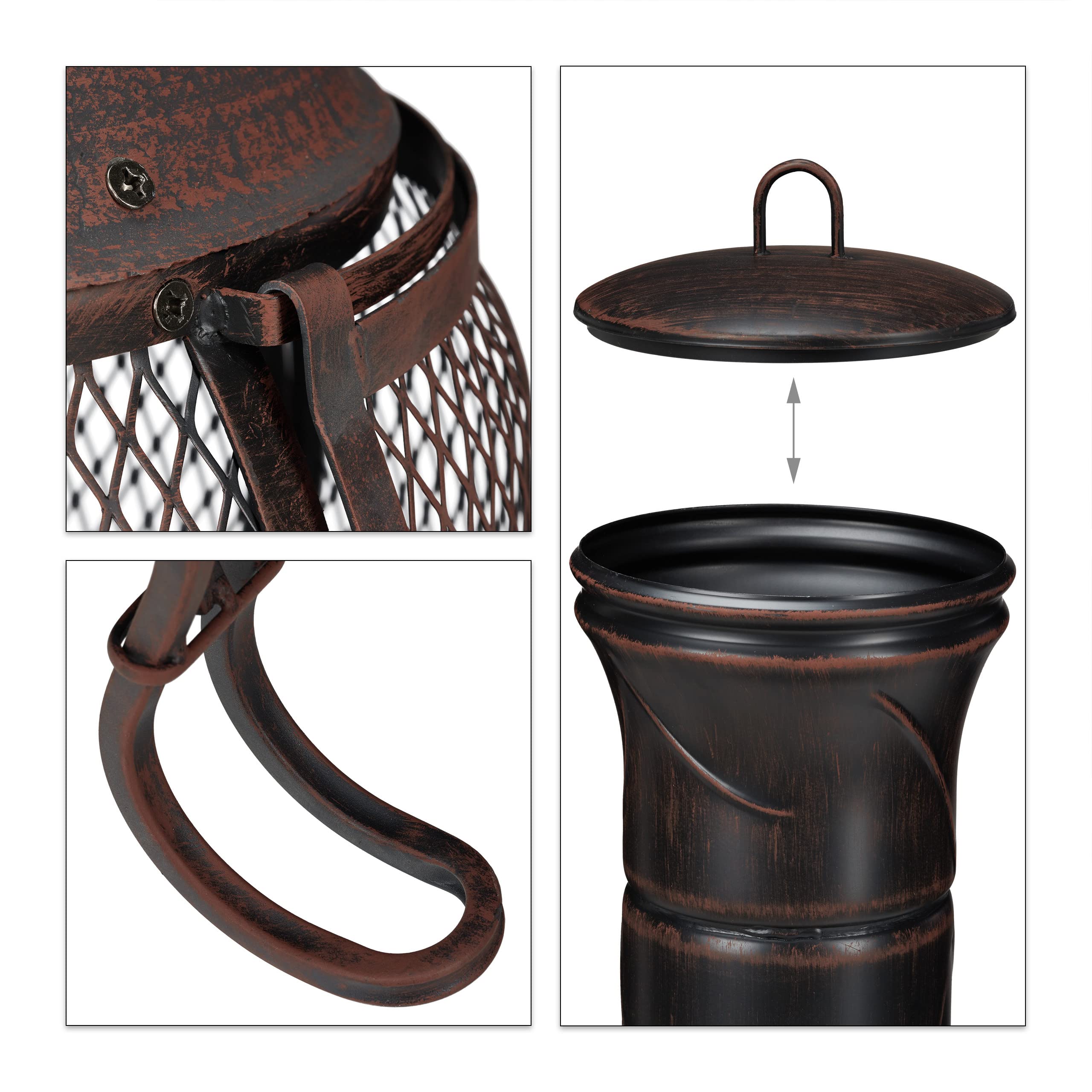 Relaxdays Terrassenofen, Stahl & Gusseisen, HxD: 88 x 36 cm, Gartenkamin Funkenschutz, Chiminea, Aztekenofen, rot/Bronze