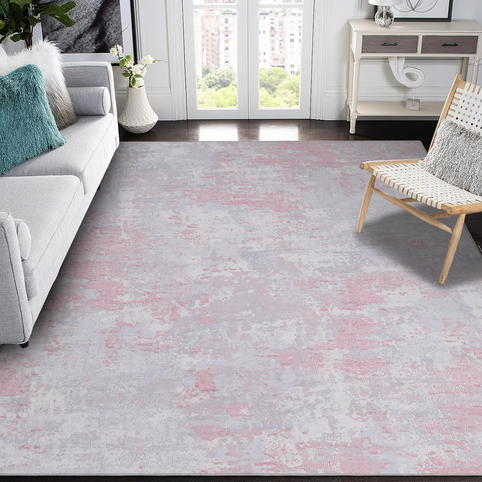 CAROMIO Modern Abstract Area Rug 120x170 cm, Machine Washable Rug for Living Room, Non-Slip Low Pile Carpet for Bedroom, Pink