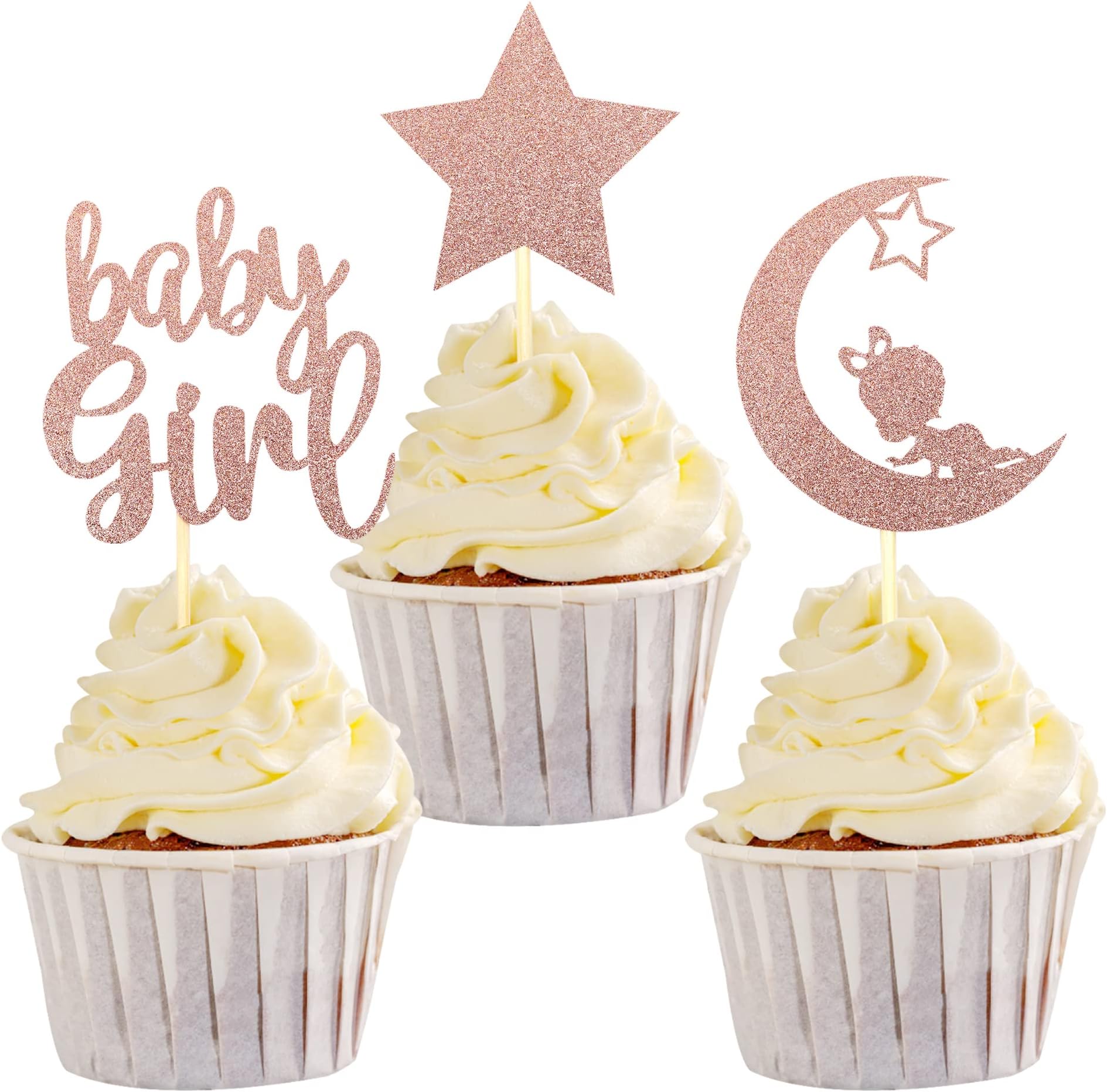 SYKYCTCY 24 Pack Rose Gold Baby Girl Cupcake Toppers with Glitter Star Moon Baby Shower Cupcake Picks Baby Shower Girls Birthday Party Cake Decorations Supplies