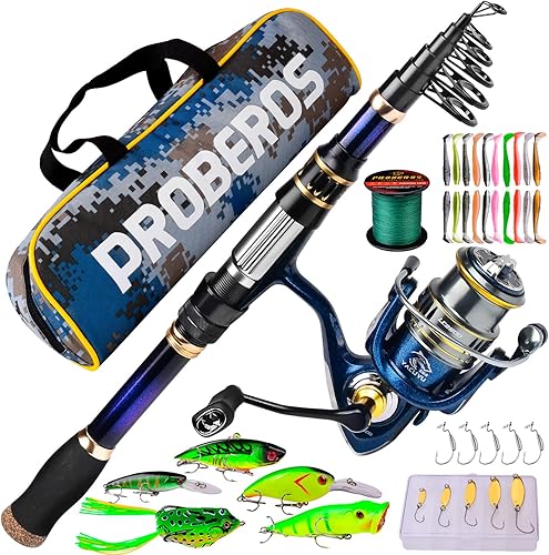 Combo de caña de pescar y carrete, bastones de pesca telescópicos y carretes giratorios, caña de pescar de fibra de carbono con 2500 combos de