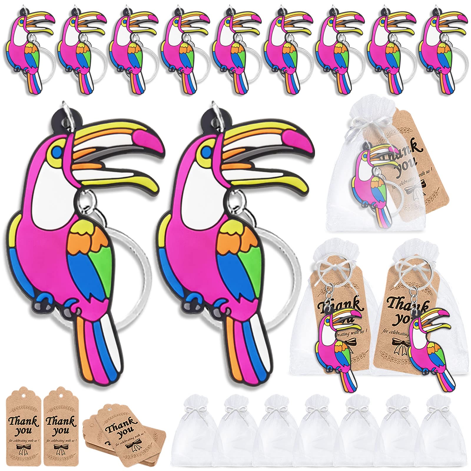 CiciBear 60 Pack Party Decorations for Guests, 20 Toucan Keychains, 20 Tags and 20 Gift Bags for Summer Party, Zoo Animals Party, Bird Theme Party