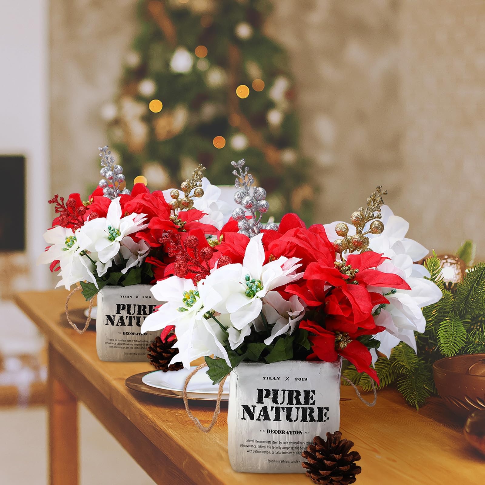meekoo Lot de 48 poinsettia artificielles à 7 têtes avec tige pour décoration de maison, mariage, table, cour, cimetière (rouge, blanc)