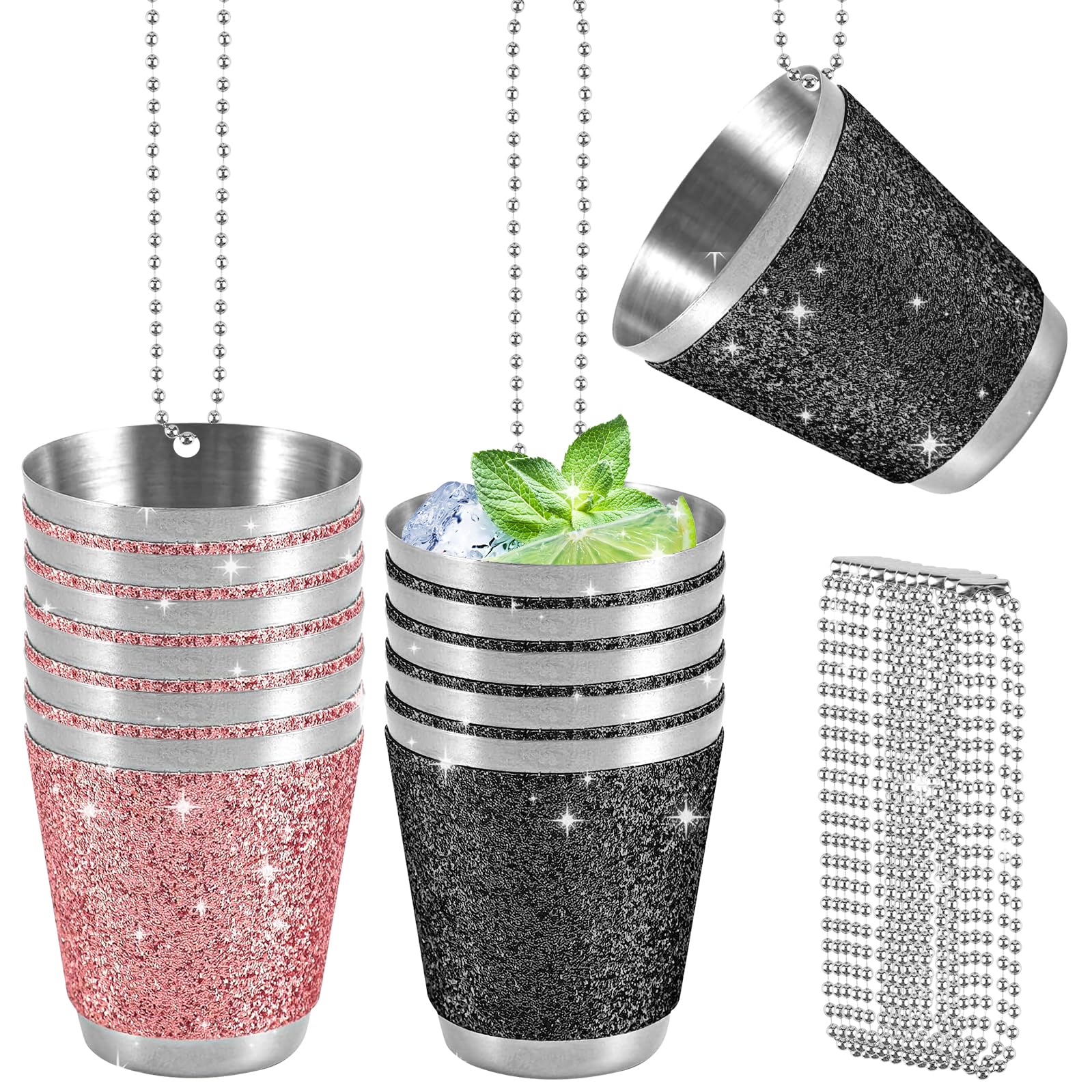 WIYETY 30 ml Stainless Steel Shot Cups: Pack of 12 Shot Glasses for Hanging, Shot Glass with Chain, for Wedding Parties, Stag Parties, Carnival, Wine Tasting Party - Pink + Black