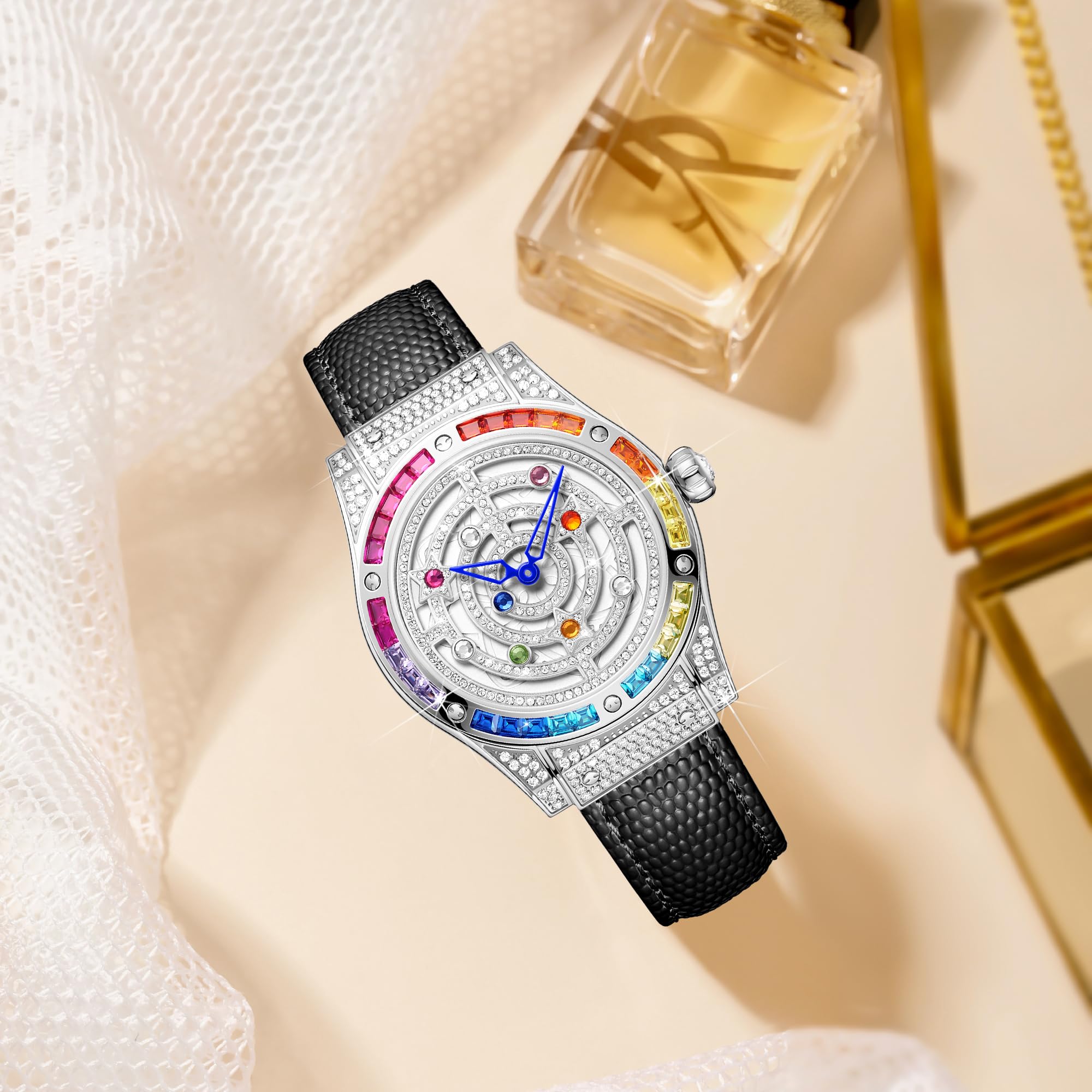 Luxuriöse Damenuhr mit Diamant-Inlay, mehrfarbige Zirkon-Akzente, Saphirglas-Zifferblatt, echtes Lederarmband, elegante Damen-Armbanduhr