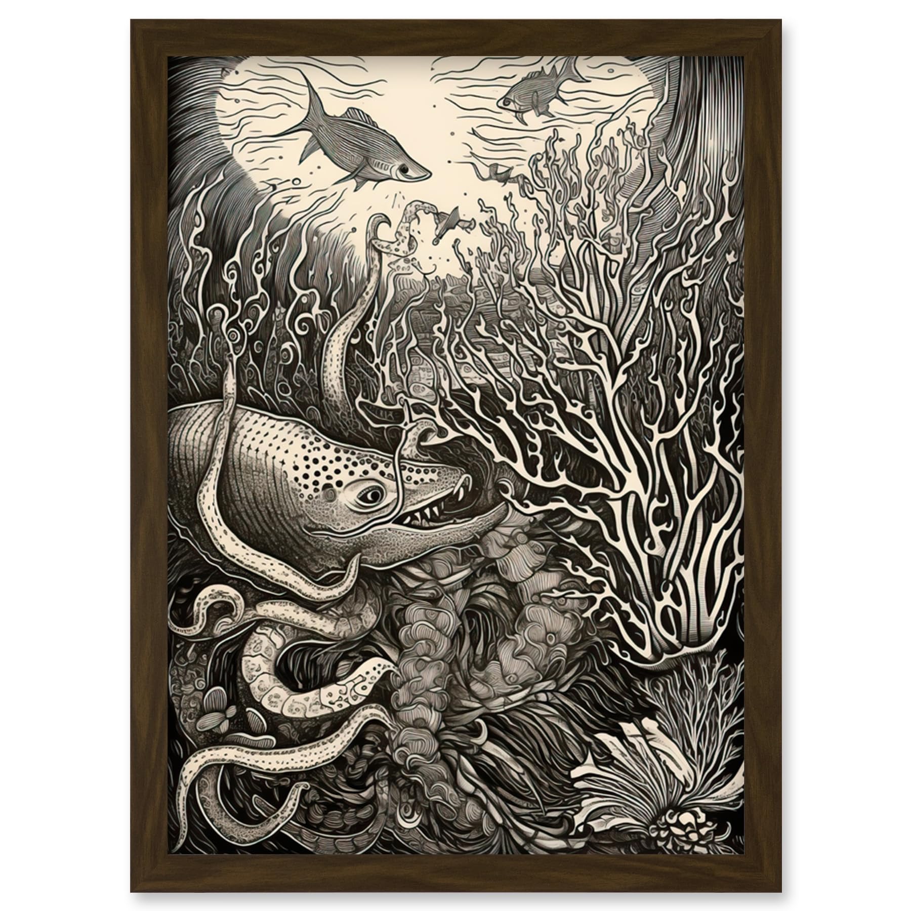 Artery8 Aquatic Animals and Plants Linocut Illustration Artwork Framed Wall Art Print A4