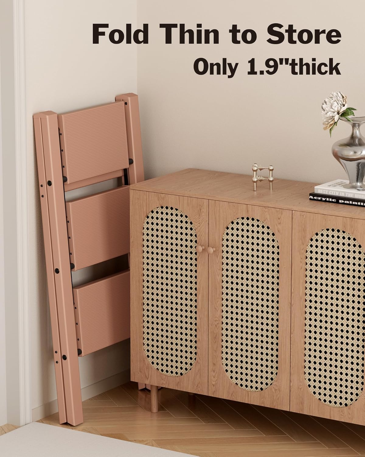 3 Step Ladder, Aluminum Lightweight Folding 3 Step Stool with Anti-Slip Wide Pedal, 330lbs Capacity Ladder for Household,Library,Office(Light Peach Pink)